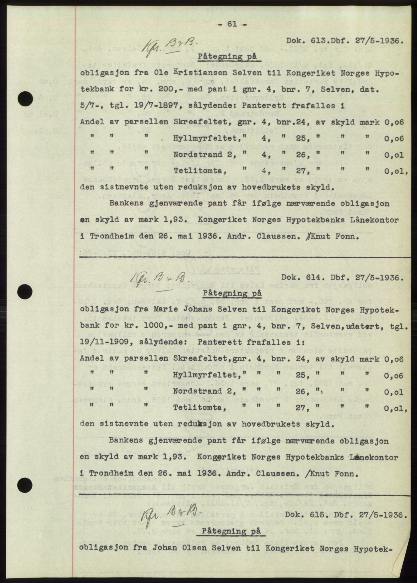 Hitra sorenskriveri, AV/SAT-A-0018/2/2C/2Ca: Mortgage book no. C1, 1936-1945, Diary no: : 613/1936