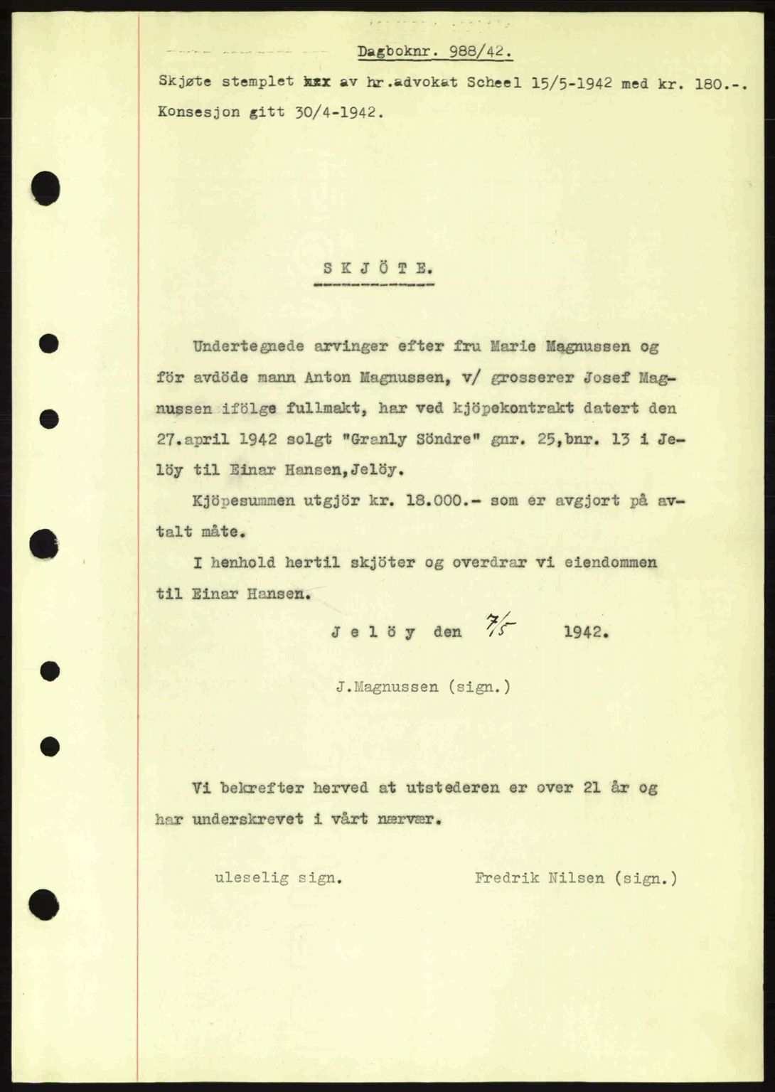 Moss sorenskriveri, SAO/A-10168: Mortgage book no. A9, 1941-1942, Diary no: : 988/1942