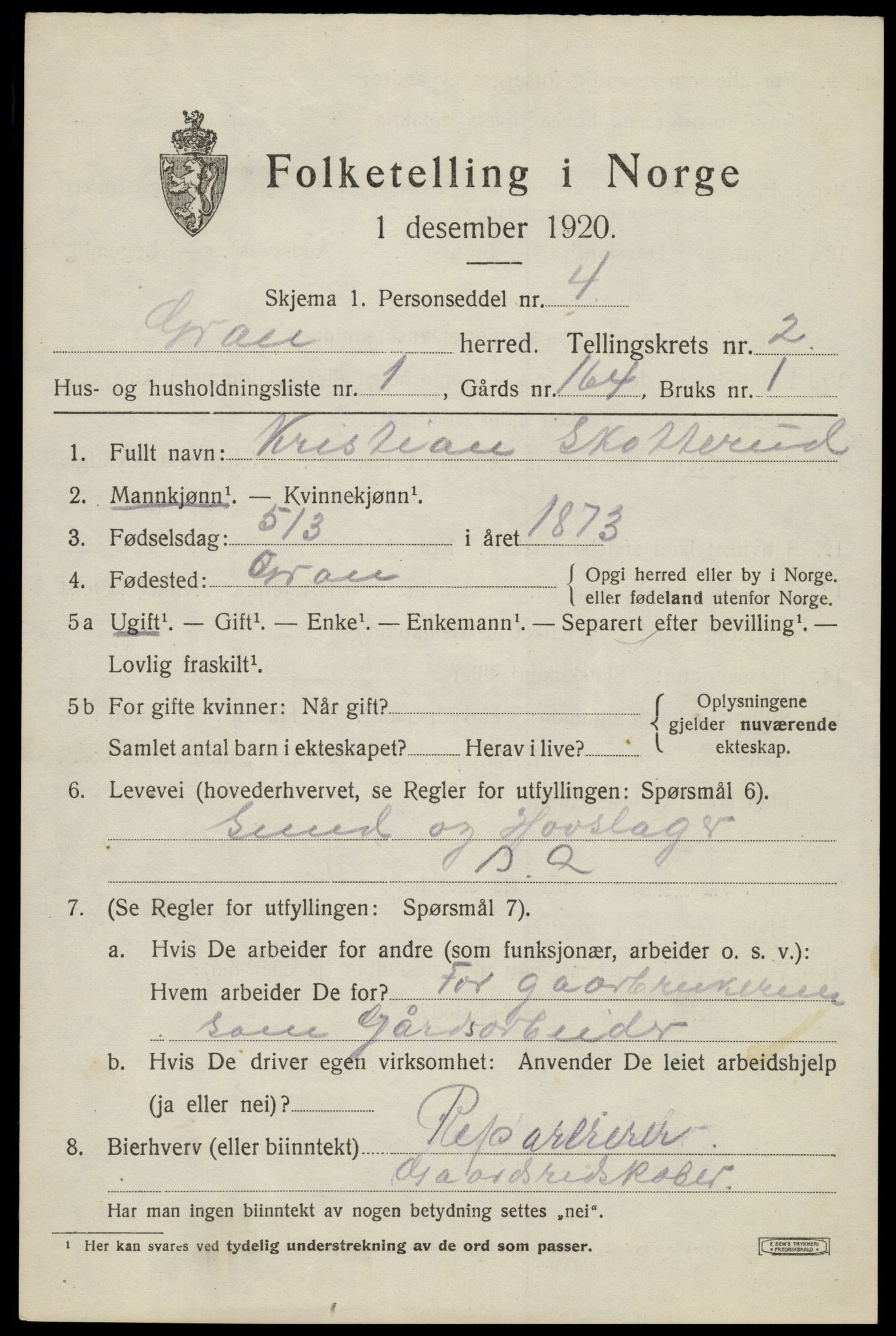 SAH, 1920 census for Gran, 1920, p. 3155