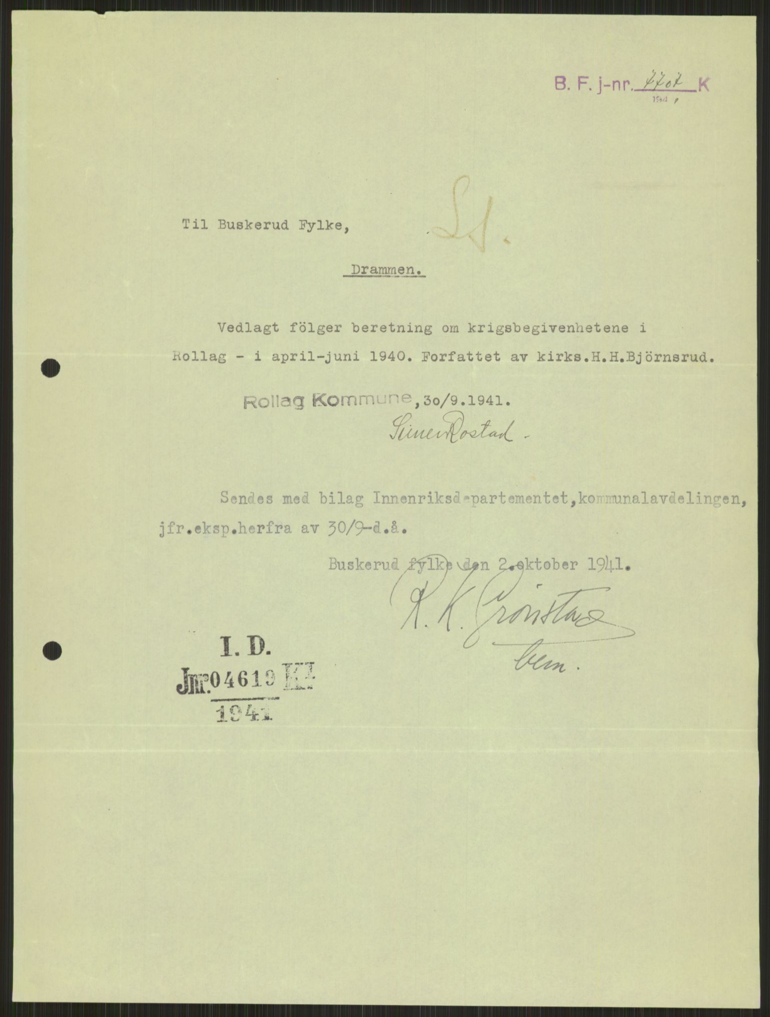 Forsvaret, Forsvarets krigshistoriske avdeling, AV/RA-RAFA-2017/Y/Ya/L0014: II-C-11-31 - Fylkesmenn.  Rapporter om krigsbegivenhetene 1940., 1940, p. 485