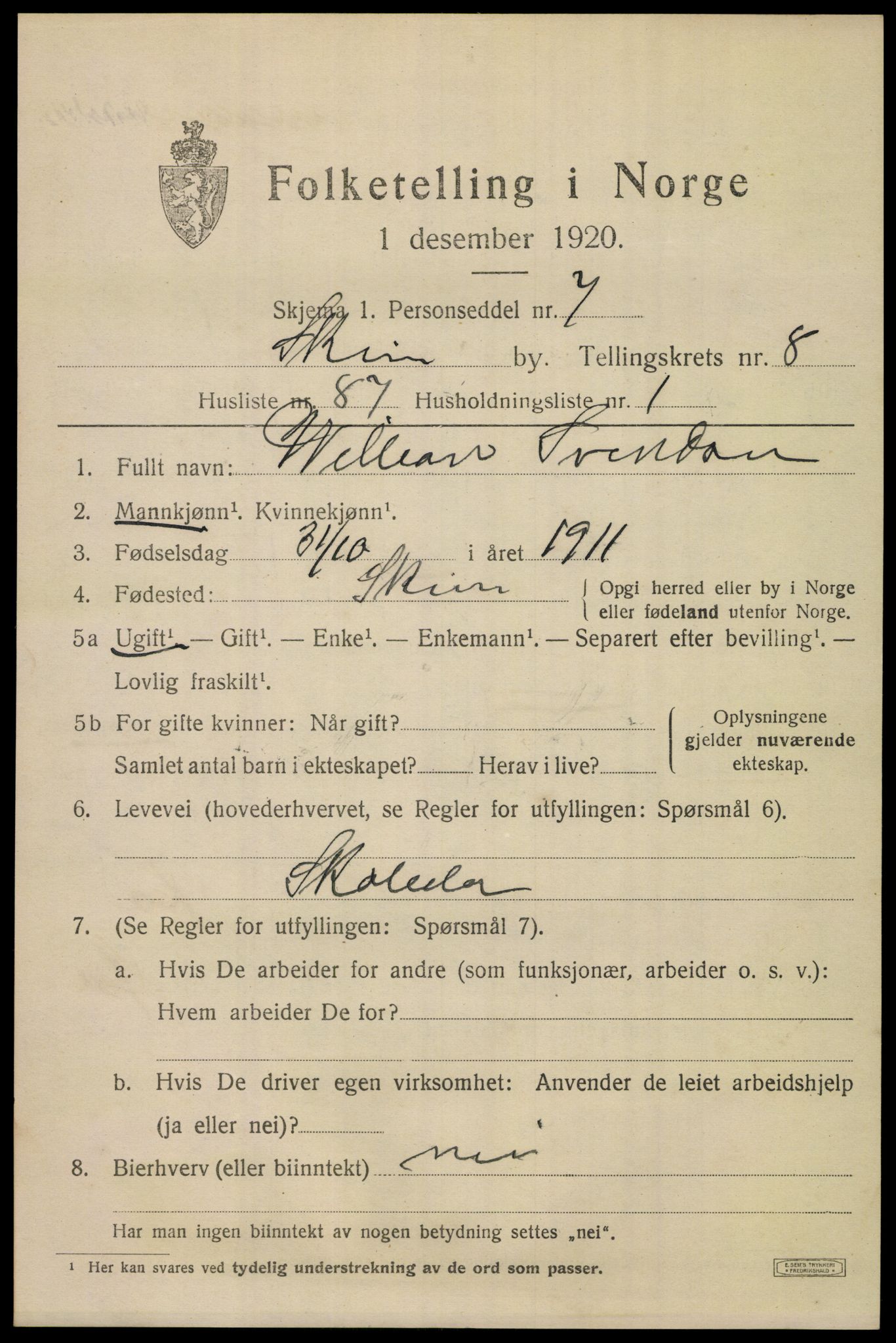 SAKO, 1920 census for Skien, 1920, p. 28606