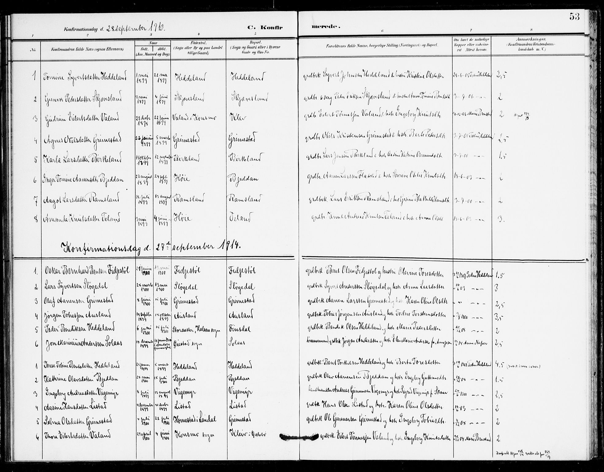 Holum sokneprestkontor, SAK/1111-0022/F/Fa/Fac/L0005: Parish register (official) no. A 5, 1908-1930, p. 53