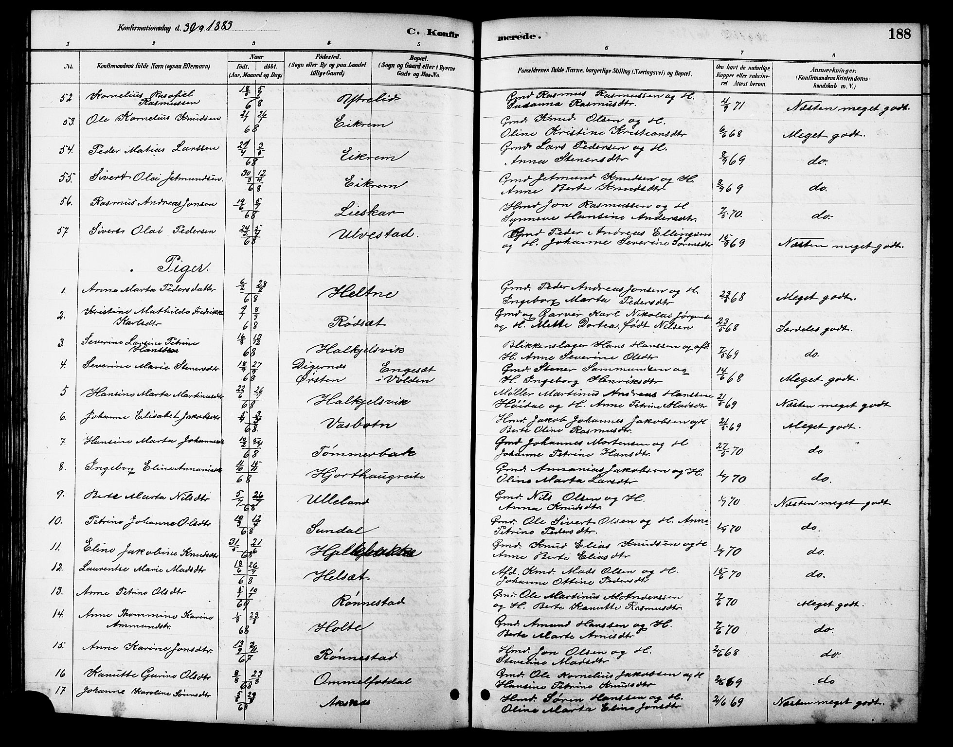 Ministerialprotokoller, klokkerbøker og fødselsregistre - Møre og Romsdal, AV/SAT-A-1454/511/L0158: Parish register (copy) no. 511C04, 1884-1903, p. 188