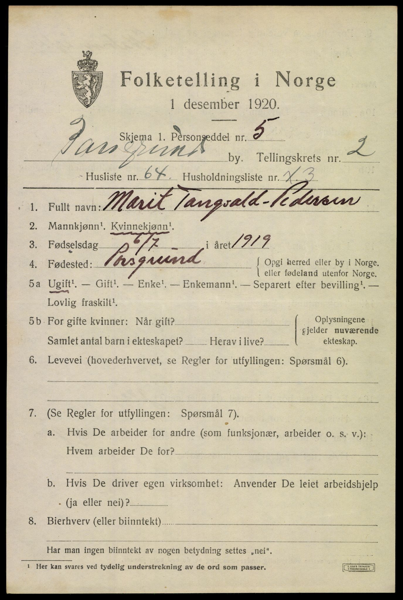 SAKO, 1920 census for Porsgrunn, 1920, p. 11453