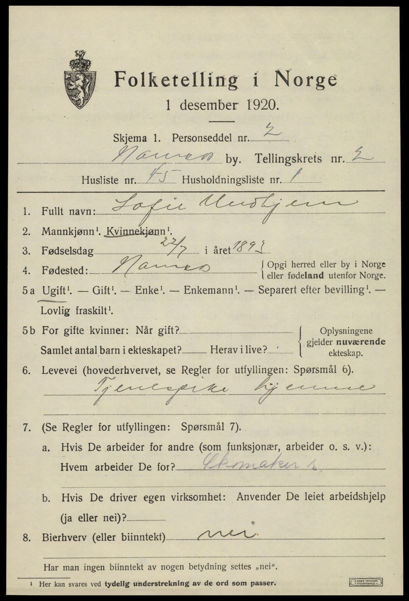 SAT, 1920 census for Namsos, 1920, p. 3745