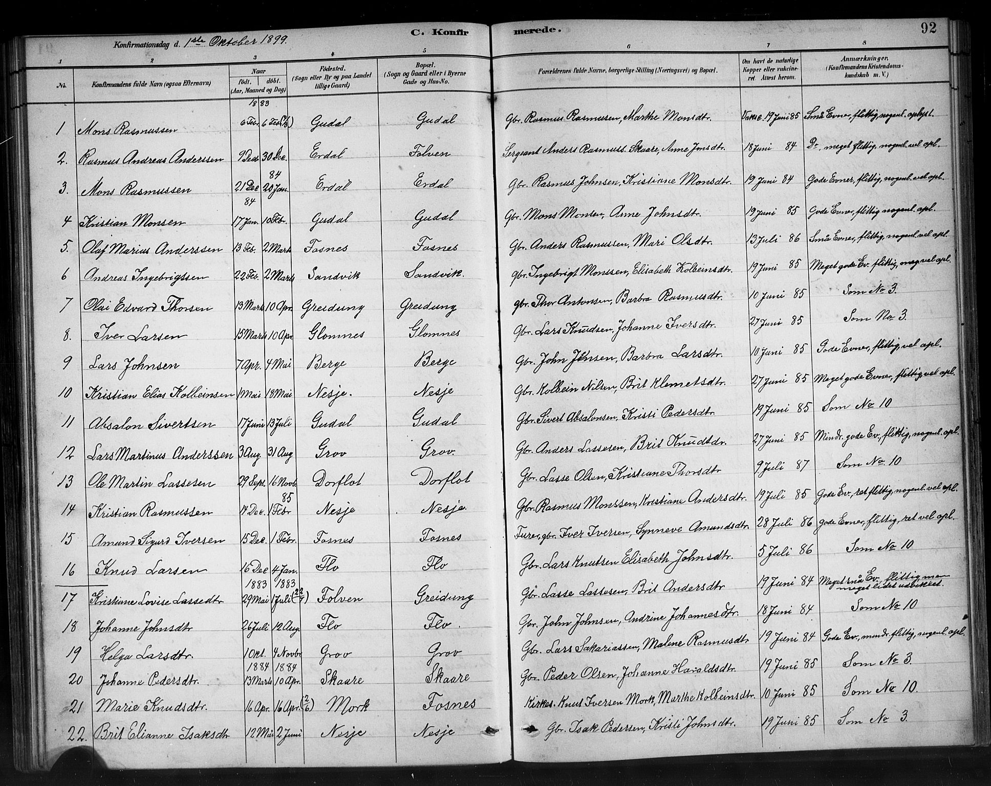 Stryn Sokneprestembete, AV/SAB-A-82501: Parish register (copy) no. C 3, 1881-1905, p. 92