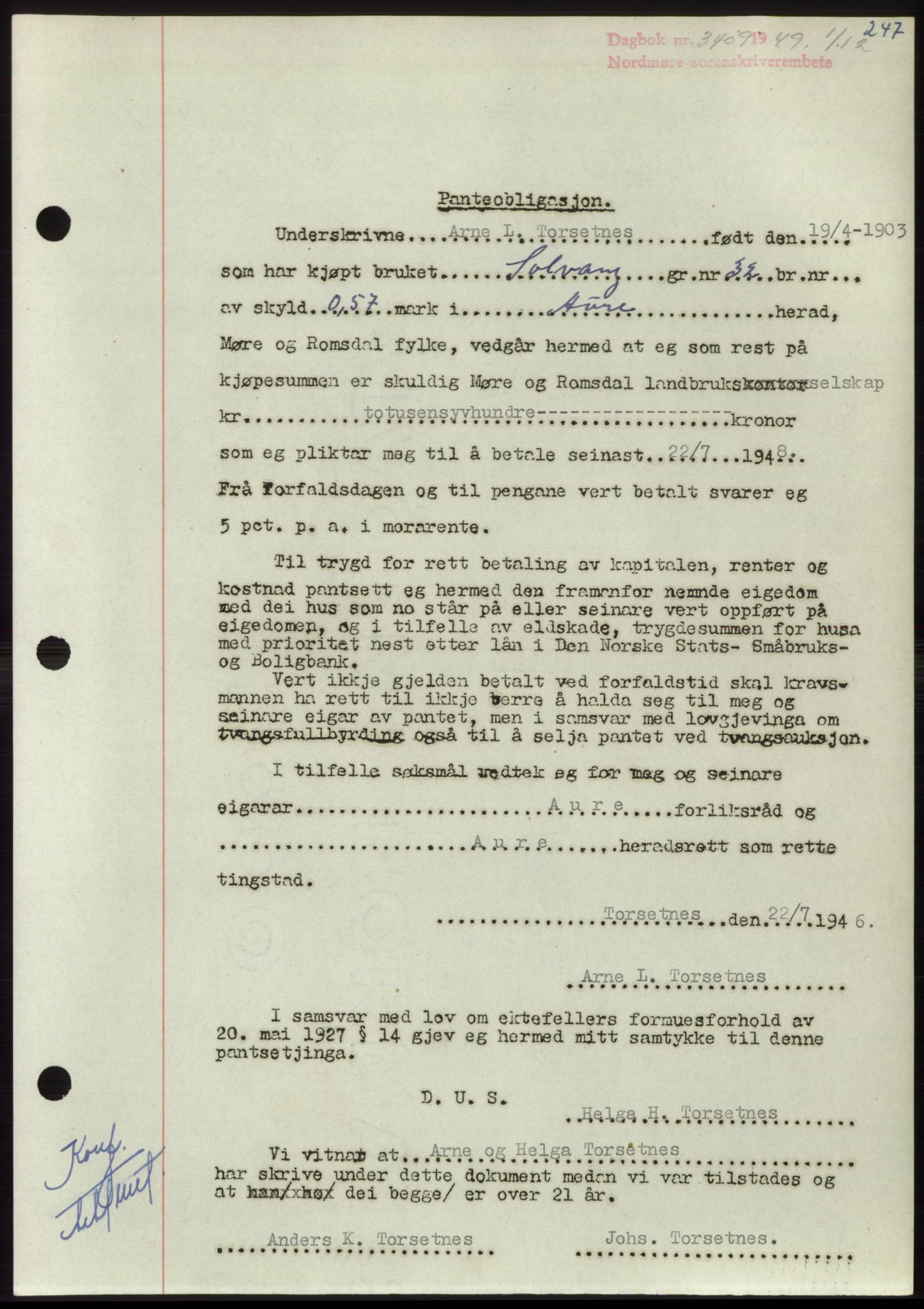 Nordmøre sorenskriveri, SAT/A-4132/1/2/2Ca: Mortgage book no. B103, 1949-1950, Diary no: : 3409/1949