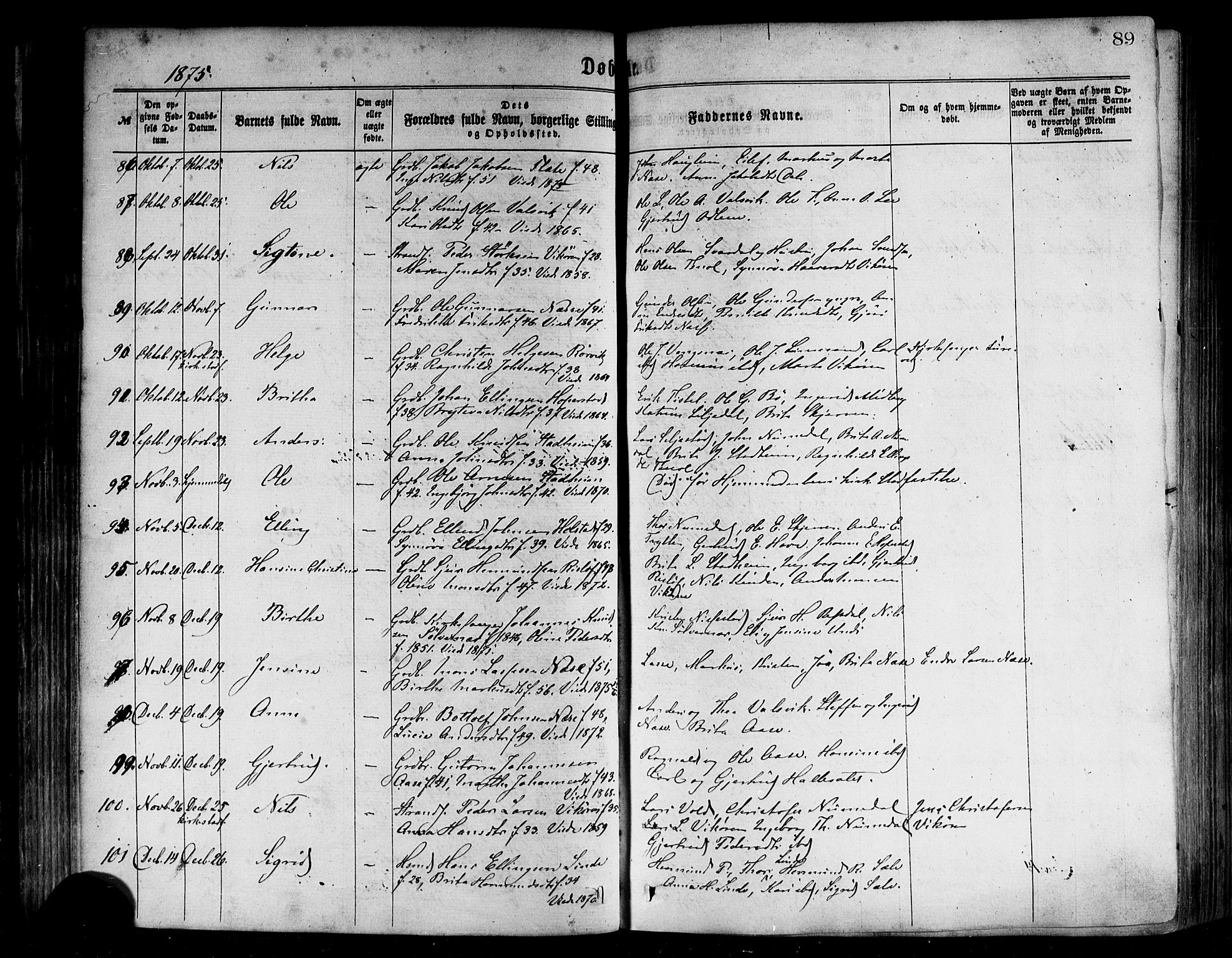 Vik sokneprestembete, AV/SAB-A-81501/H/Haa/Haaa/L0009: Parish register (official) no. A 9, 1866-1877, p. 89