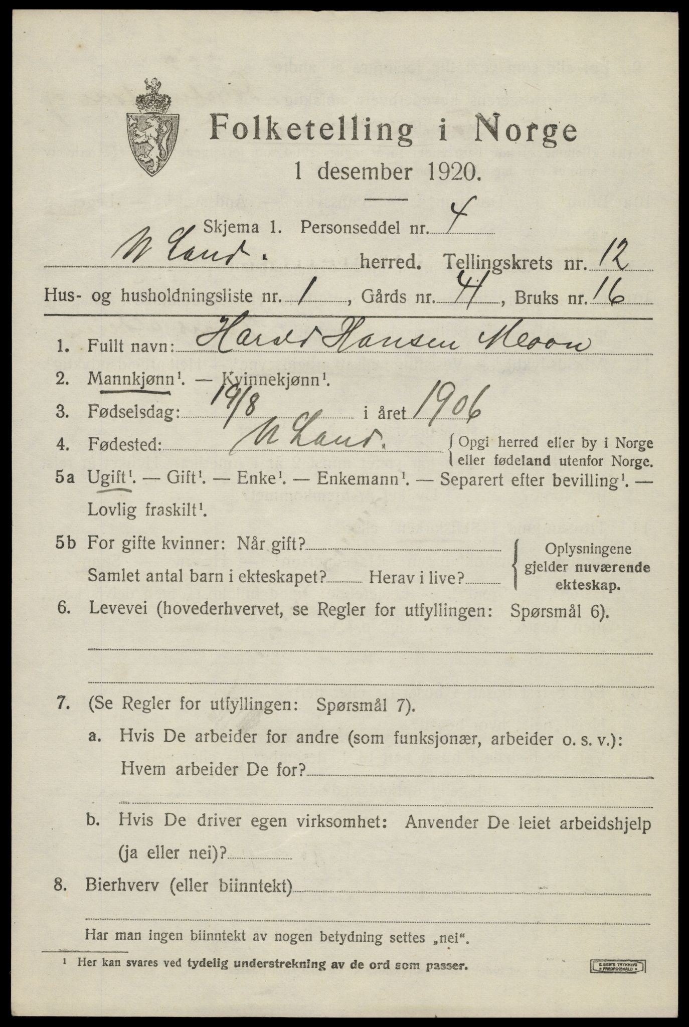SAH, 1920 census for Nordre Land, 1920, p. 5836