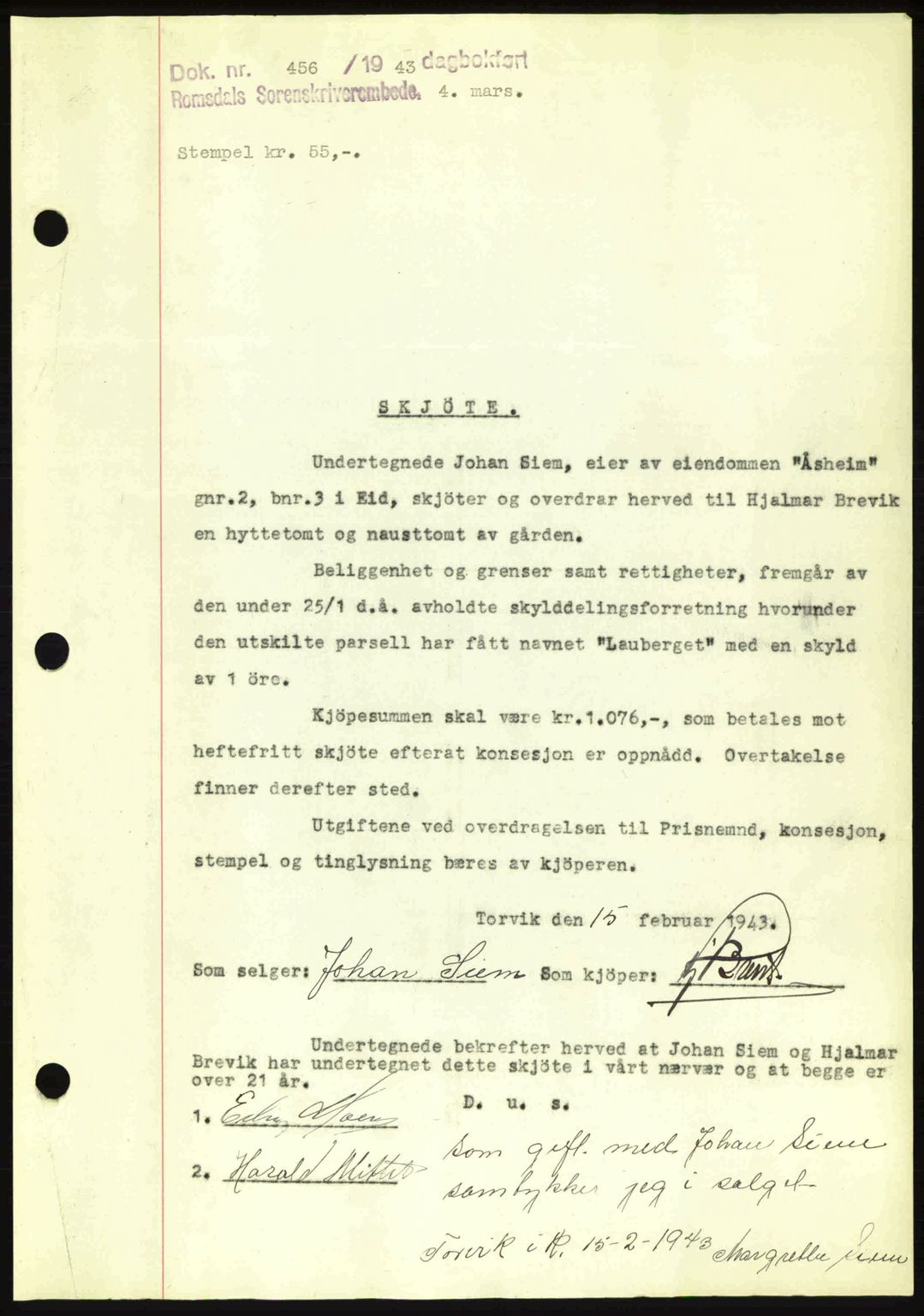 Romsdal sorenskriveri, AV/SAT-A-4149/1/2/2C: Mortgage book no. A14, 1943-1943, Diary no: : 456/1943