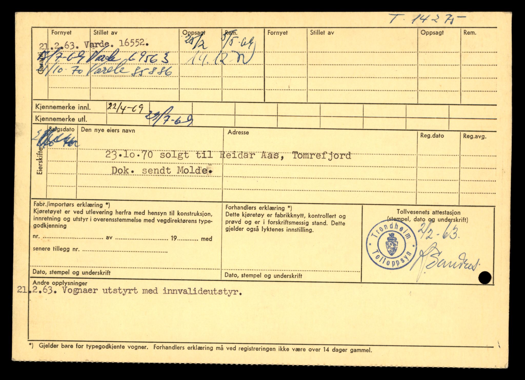 Møre og Romsdal vegkontor - Ålesund trafikkstasjon, AV/SAT-A-4099/F/Fe/L0044: Registreringskort for kjøretøy T 14205 - T 14319, 1927-1998, p. 2068
