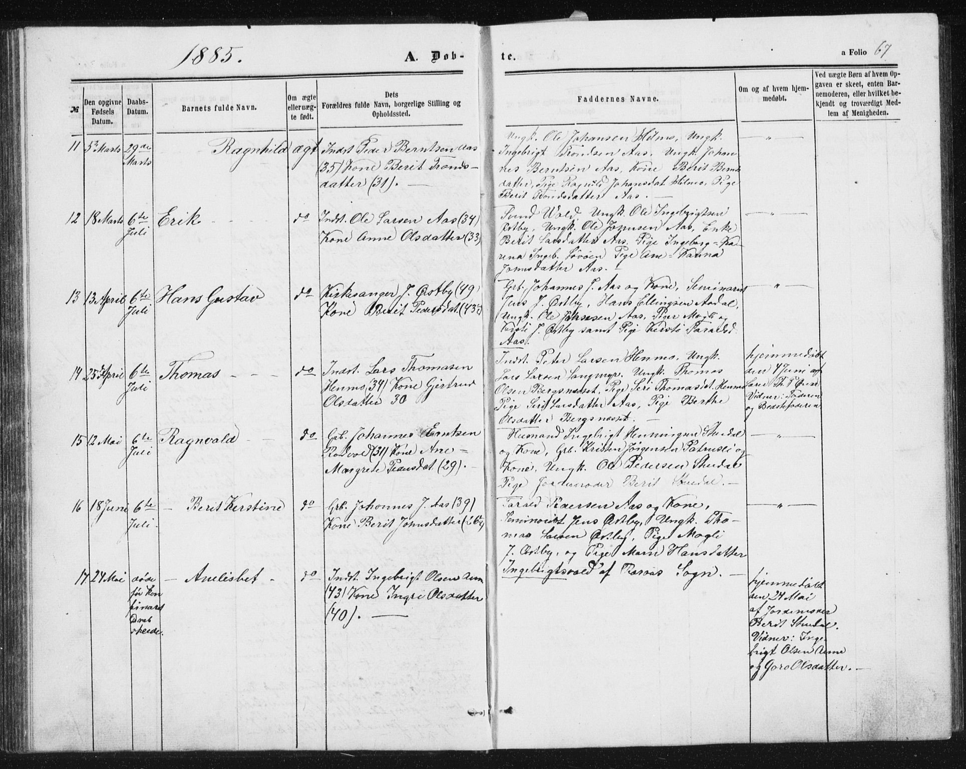 Ministerialprotokoller, klokkerbøker og fødselsregistre - Sør-Trøndelag, AV/SAT-A-1456/698/L1166: Parish register (copy) no. 698C03, 1861-1887, p. 67