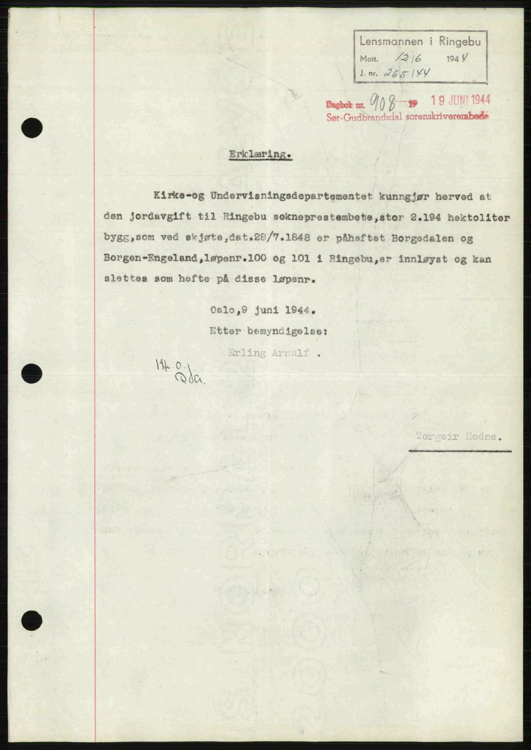 Sør-Gudbrandsdal tingrett, SAH/TING-004/H/Hb/Hbf/L0002: Mortgage book no. C1, 1938-1951, Diary no: : 908/1944