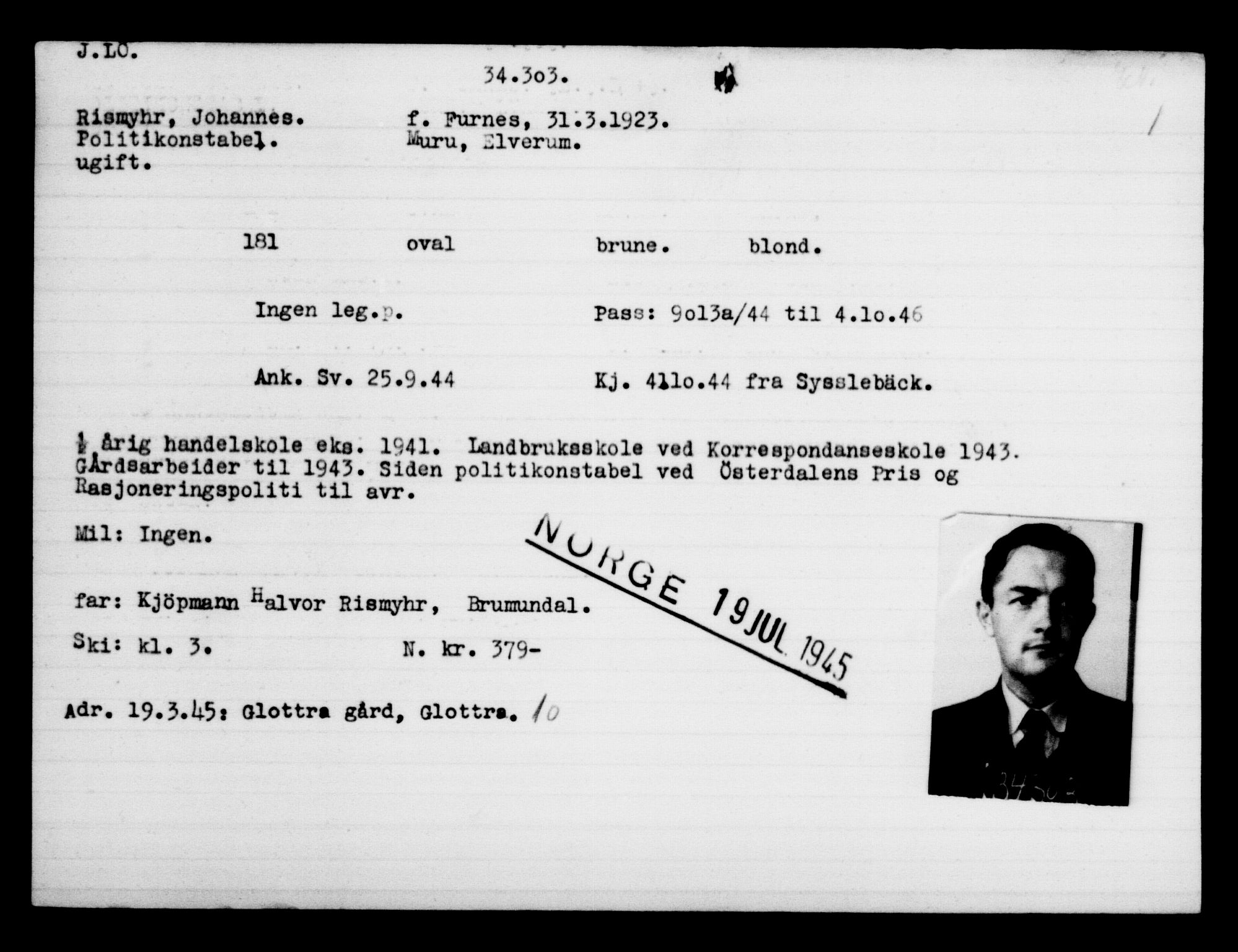 Utenriksstasjonene, Legasjonen i Stockholm, Flyktningkontoret, AV/RA-S-6753/V/Va/L0013: Kjesäterkartoteket, flyktninger med registreringsnr. 31500-34731, 1940-1945, p. 2955