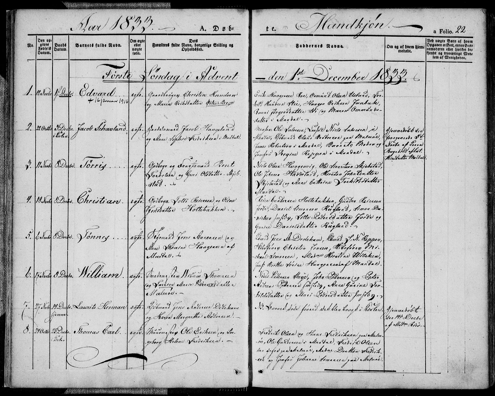 Mandal sokneprestkontor, SAK/1111-0030/F/Fa/Faa/L0011: Parish register (official) no. A 11, 1830-1839, p. 22