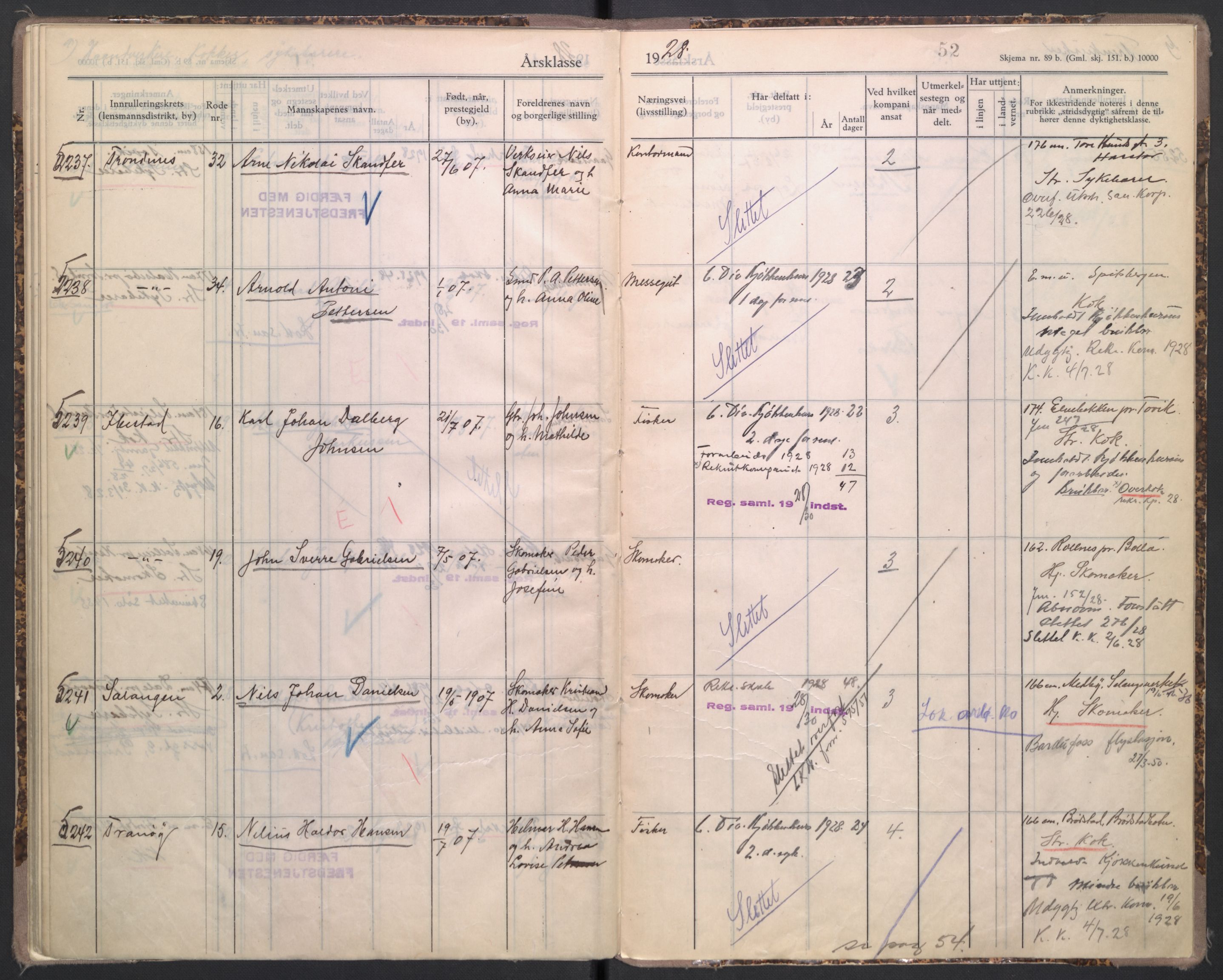 Forsvaret, Troms infanteriregiment nr. 16, AV/RA-RAFA-3146/P/Pa/L0004/0006: Ruller / Rulle for Trondenes bataljons menige mannskaper, årsklasse 1928, 1928, p. 52