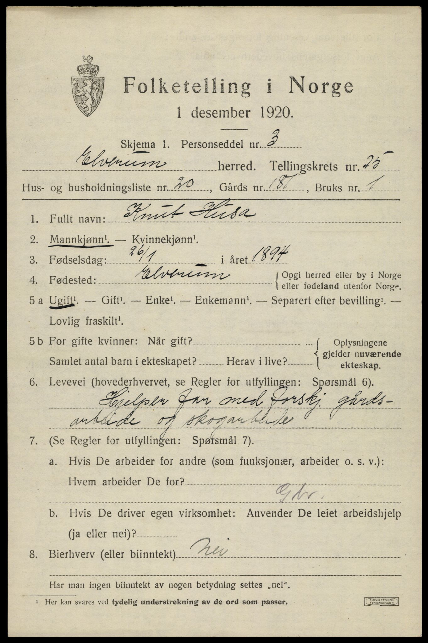 SAH, 1920 census for Elverum, 1920, p. 26442