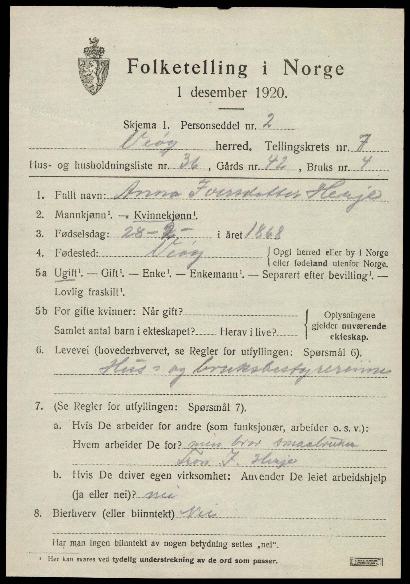 SAT, 1920 census for Veøy, 1920, p. 3537