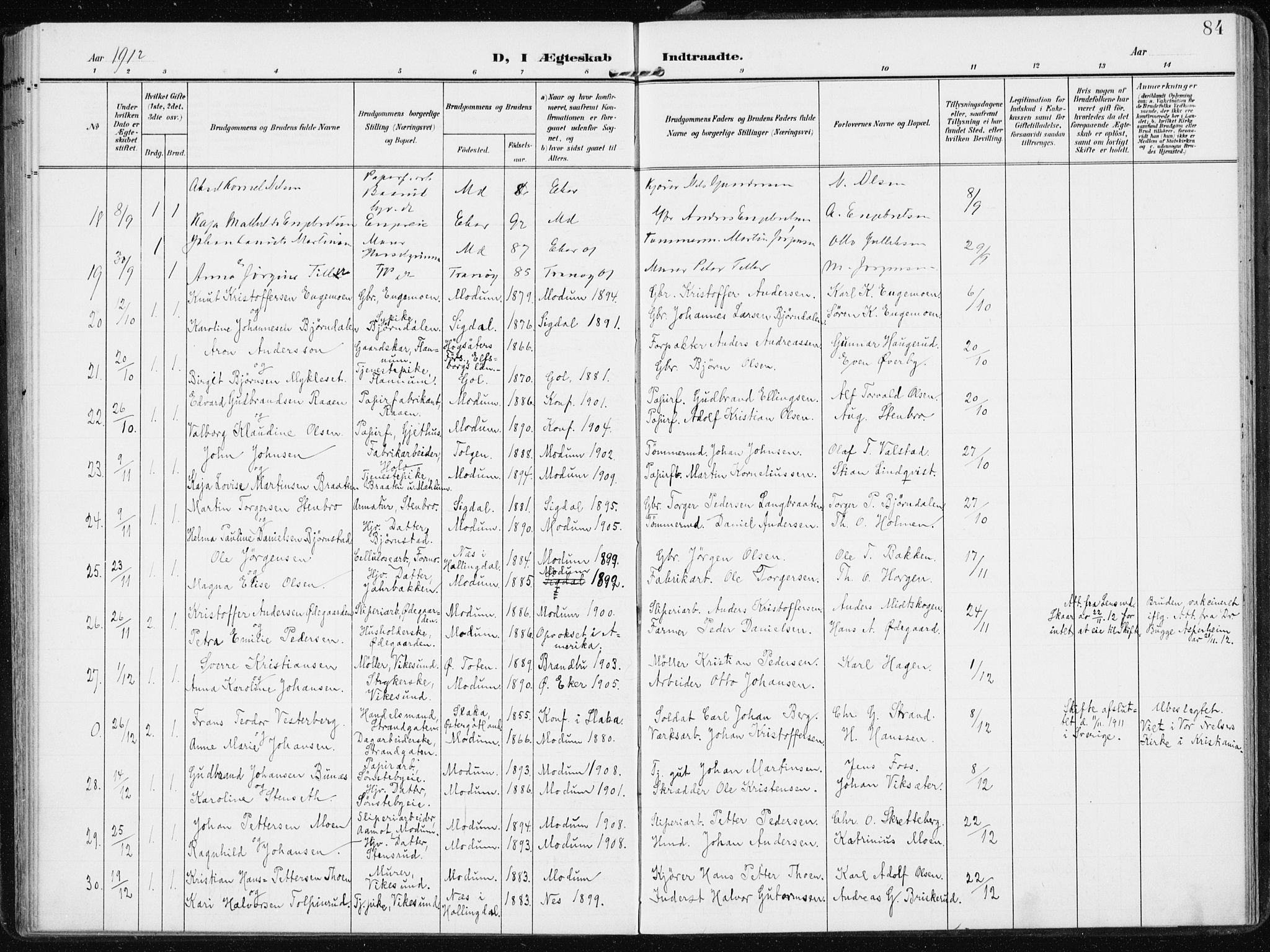 Modum kirkebøker, AV/SAKO-A-234/F/Fa/L0014b: Parish register (official) no. 14b, 1906-1917, p. 84