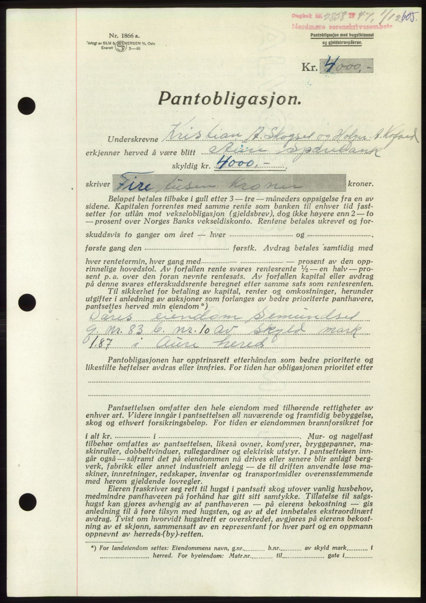 Nordmøre sorenskriveri, AV/SAT-A-4132/1/2/2Ca: Mortgage book no. B97, 1947-1948, Diary no: : 2858/1947