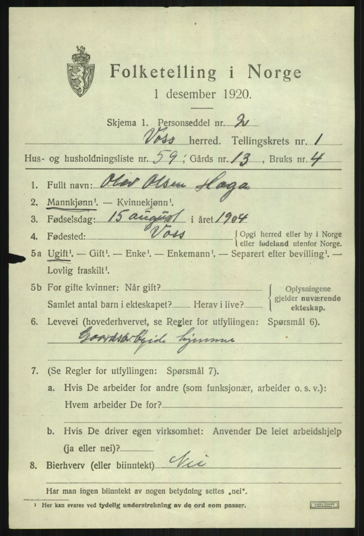 SAB, 1920 census for Voss, 1920, p. 3427