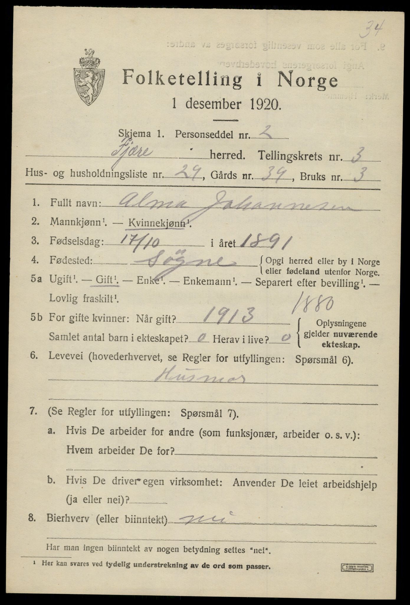 SAK, 1920 census for Fjære, 1920, p. 4859