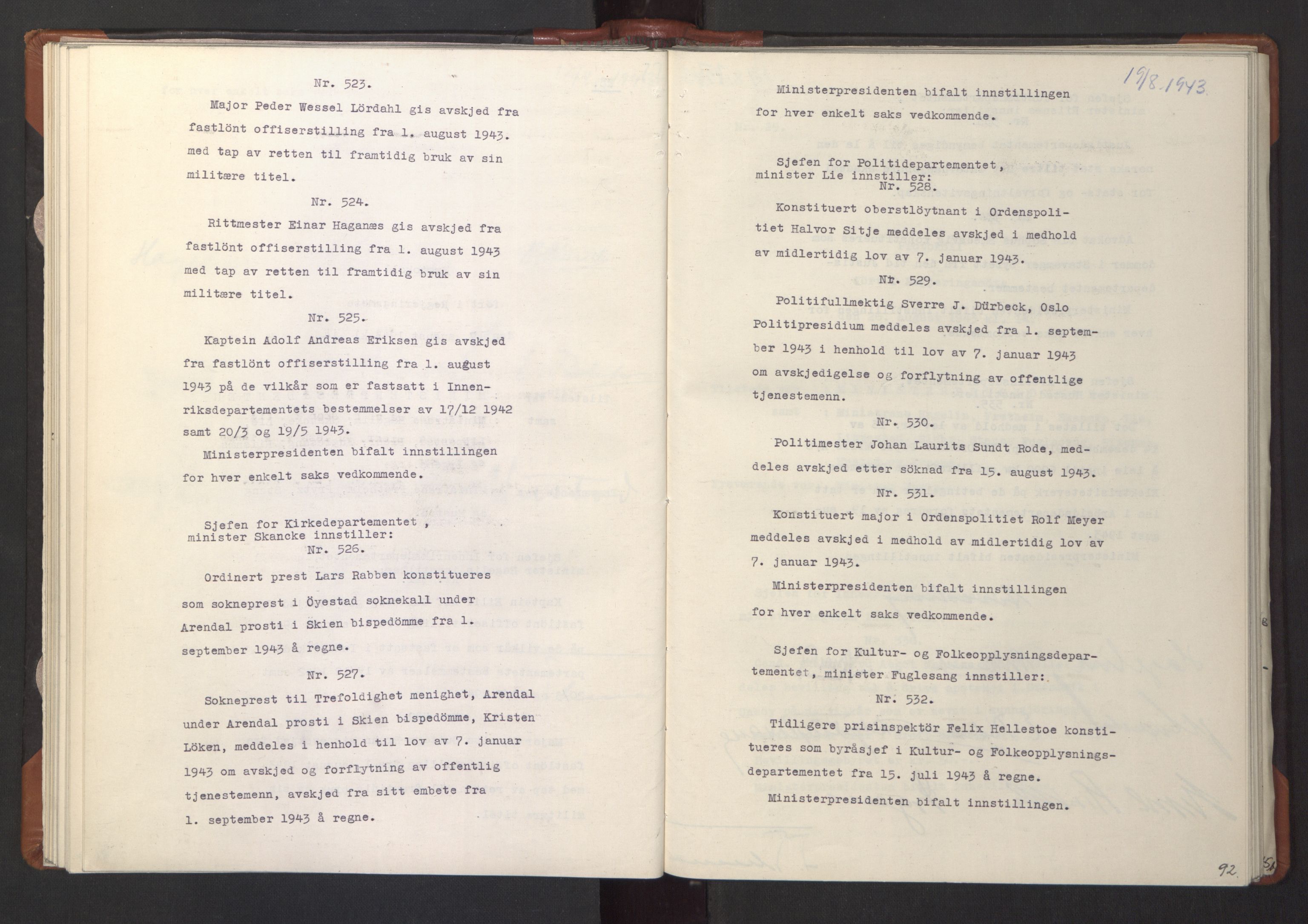 NS-administrasjonen 1940-1945 (Statsrådsekretariatet, de kommisariske statsråder mm), AV/RA-S-4279/D/Da/L0003: Vedtak (Beslutninger) nr. 1-746 og tillegg nr. 1-47 (RA. j.nr. 1394/1944, tilgangsnr. 8/1944, 1943, p. 94