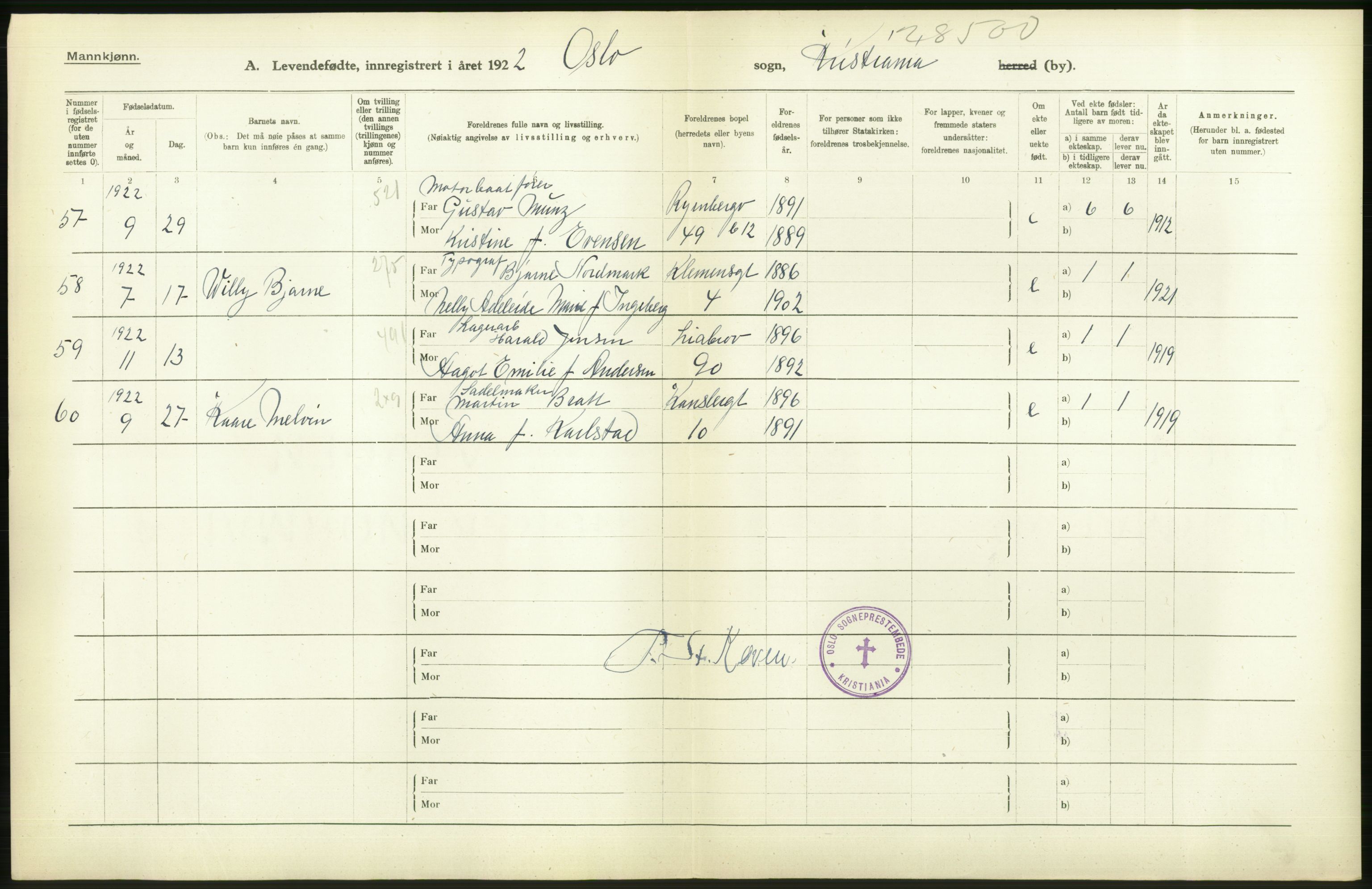 Statistisk sentralbyrå, Sosiodemografiske emner, Befolkning, AV/RA-S-2228/D/Df/Dfc/Dfcb/L0007: Kristiania: Levendefødte menn og kvinner., 1922, p. 22
