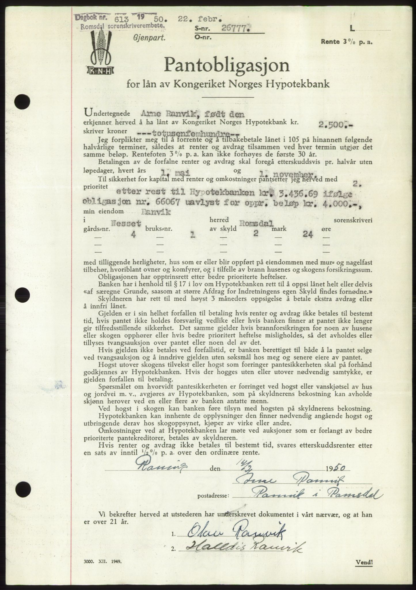 Romsdal sorenskriveri, AV/SAT-A-4149/1/2/2C: Mortgage book no. B5, 1949-1950, Diary no: : 613/1950