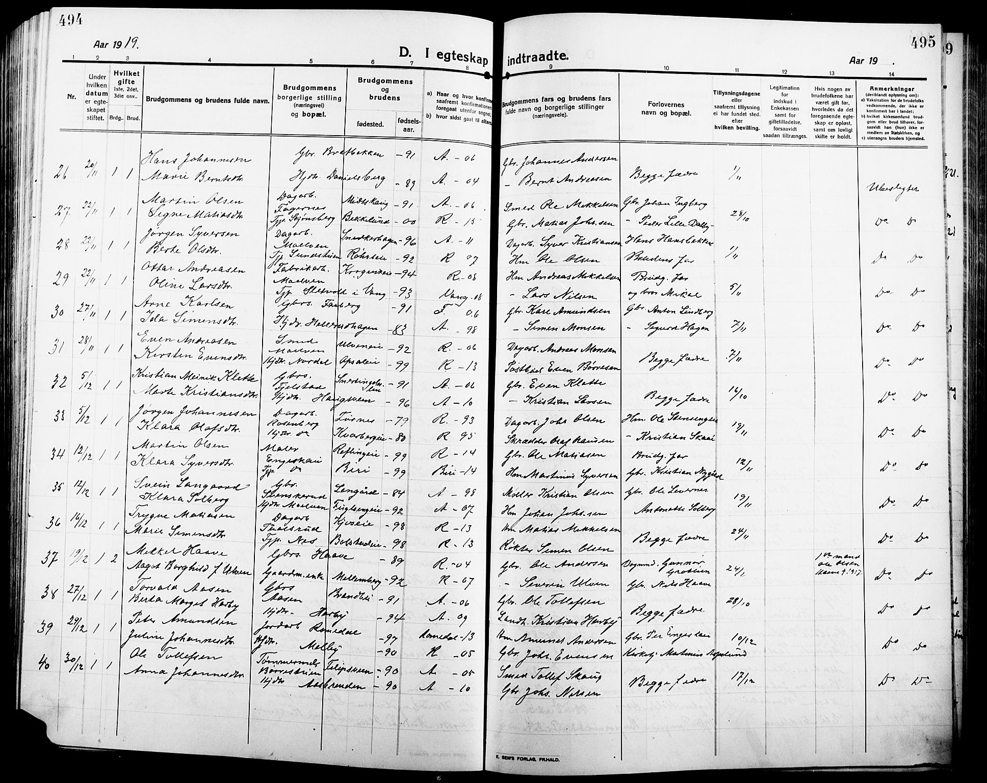 Ringsaker prestekontor, SAH/PREST-014/L/La/L0018: Parish register (copy) no. 18, 1913-1922, p. 494-495