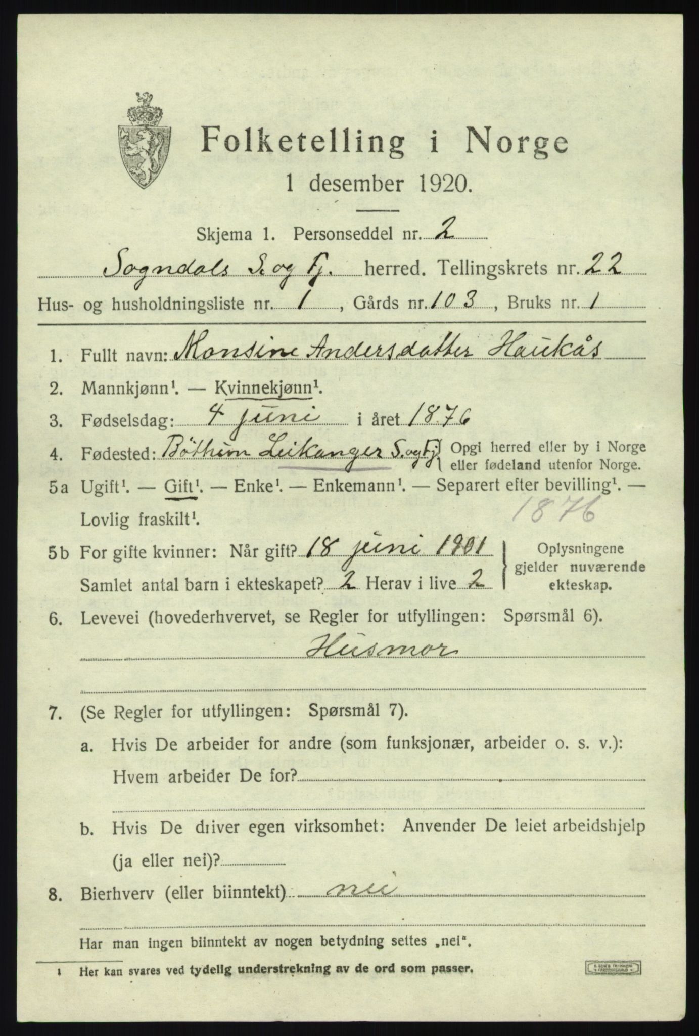 SAB, 1920 census for Sogndal, 1920, p. 7947