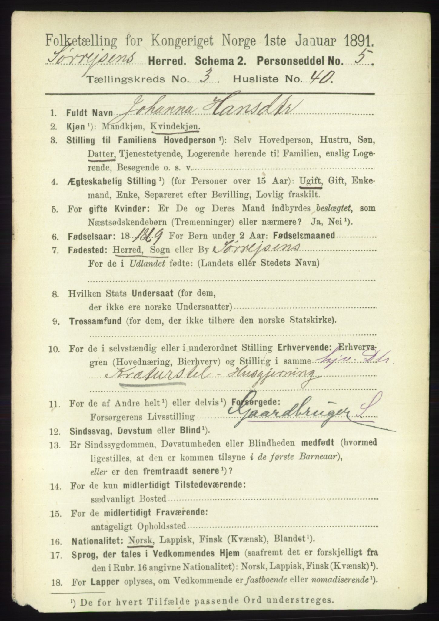 RA, 1891 census for 1925 Sørreisa, 1891, p. 1009