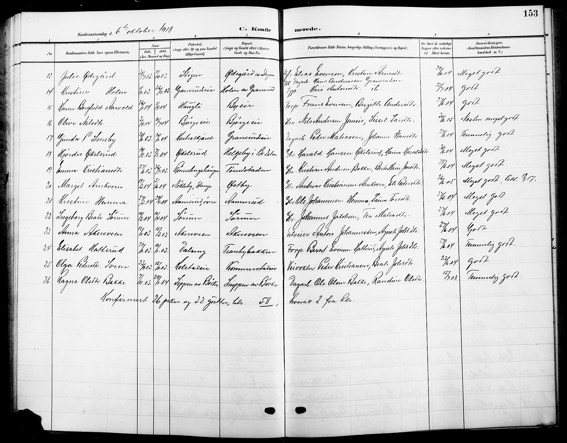 Ringsaker prestekontor, SAH/PREST-014/L/La/L0017: Parish register (copy) no. 17, 1905-1920, p. 153