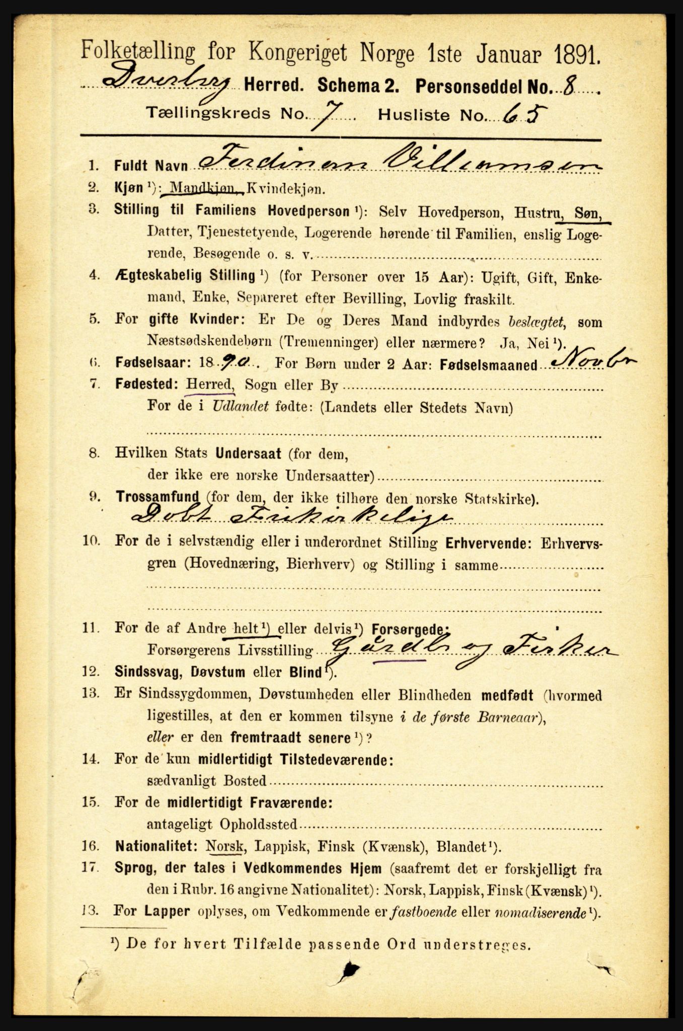 RA, 1891 census for 1872 Dverberg, 1891, p. 3044