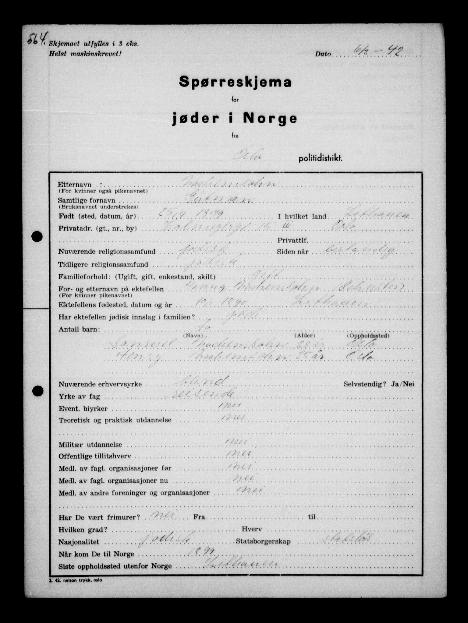 Statspolitiet - Hovedkontoret / Osloavdelingen, AV/RA-S-1329/G/Ga/L0010: Spørreskjema for jøder i Norge, Oslo Hansen-Pintzow, 1942, p. 912