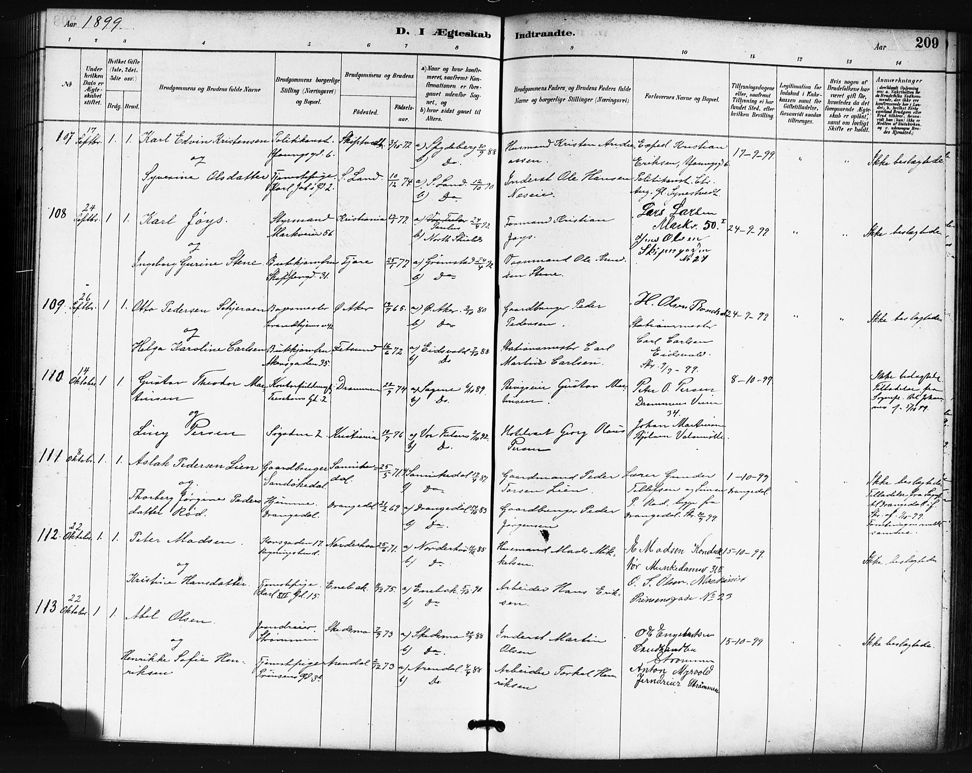 Oslo domkirke Kirkebøker, SAO/A-10752/F/Fa/L0032: Parish register (official) no. 32, 1885-1902, p. 209