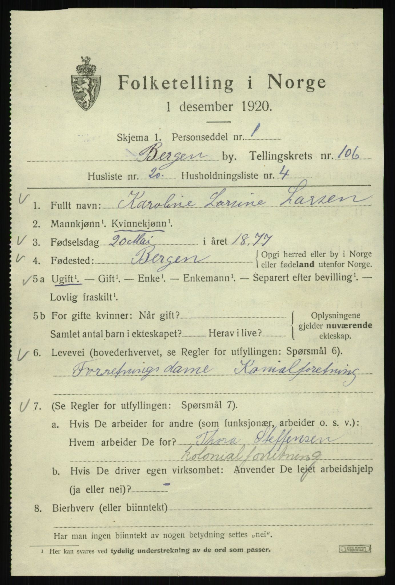 SAB, 1920 census for Bergen, 1920, p. 184784