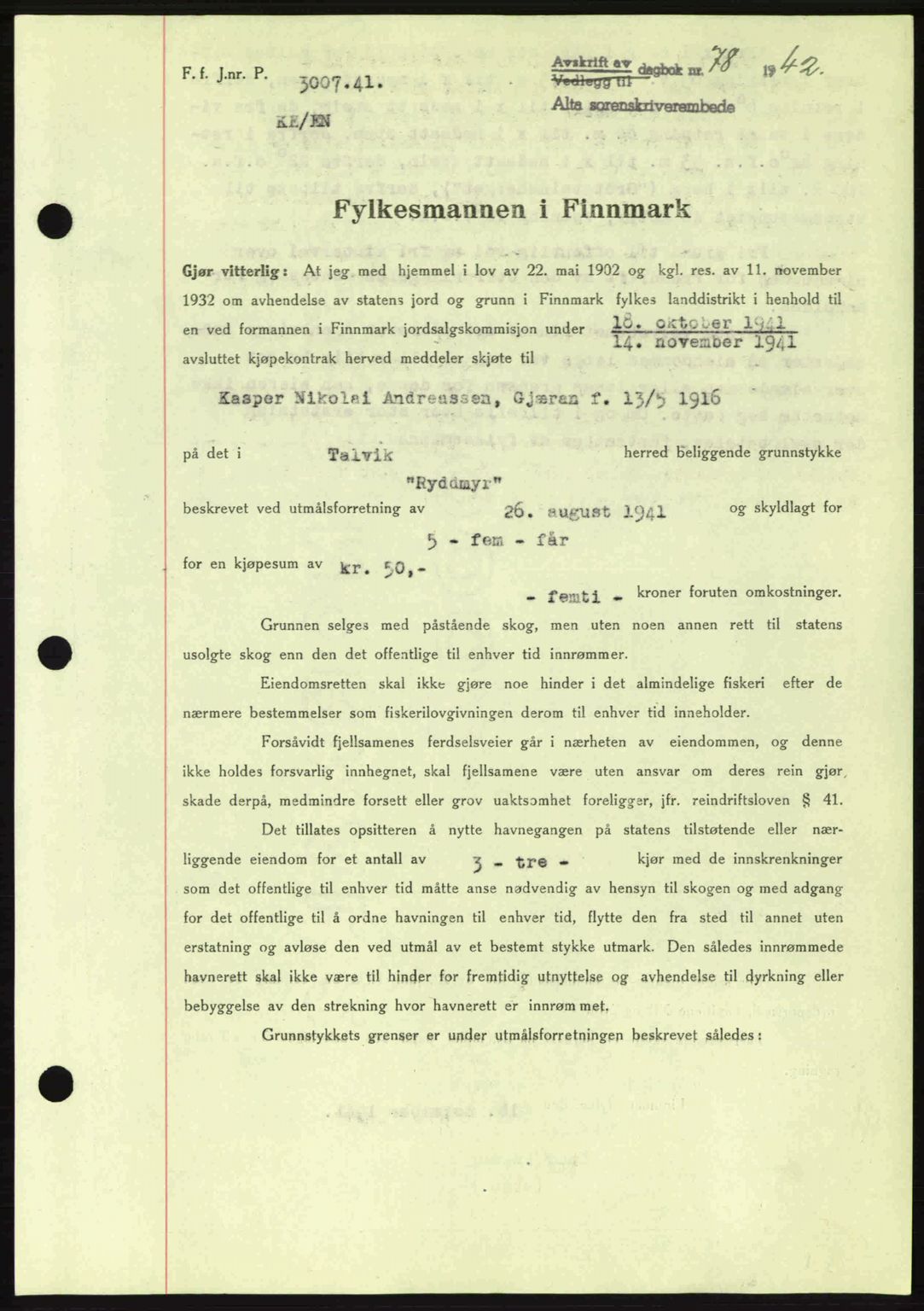 Alta fogderi/sorenskriveri, SATØ/SATØ-5/1/K/Kd/L0033pantebok: Mortgage book no. 33, 1940-1943, Diary no: : 78/1942