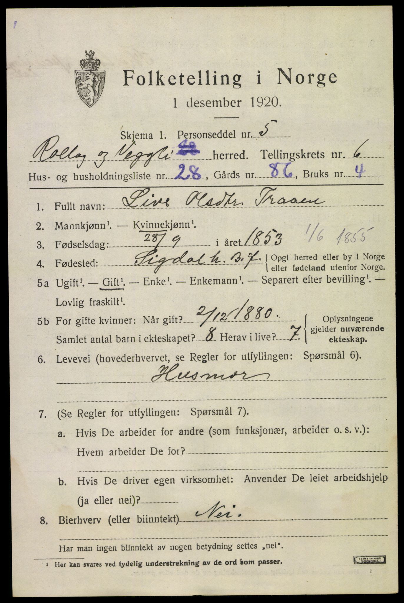 SAKO, 1920 census for Rollag, 1920, p. 2488