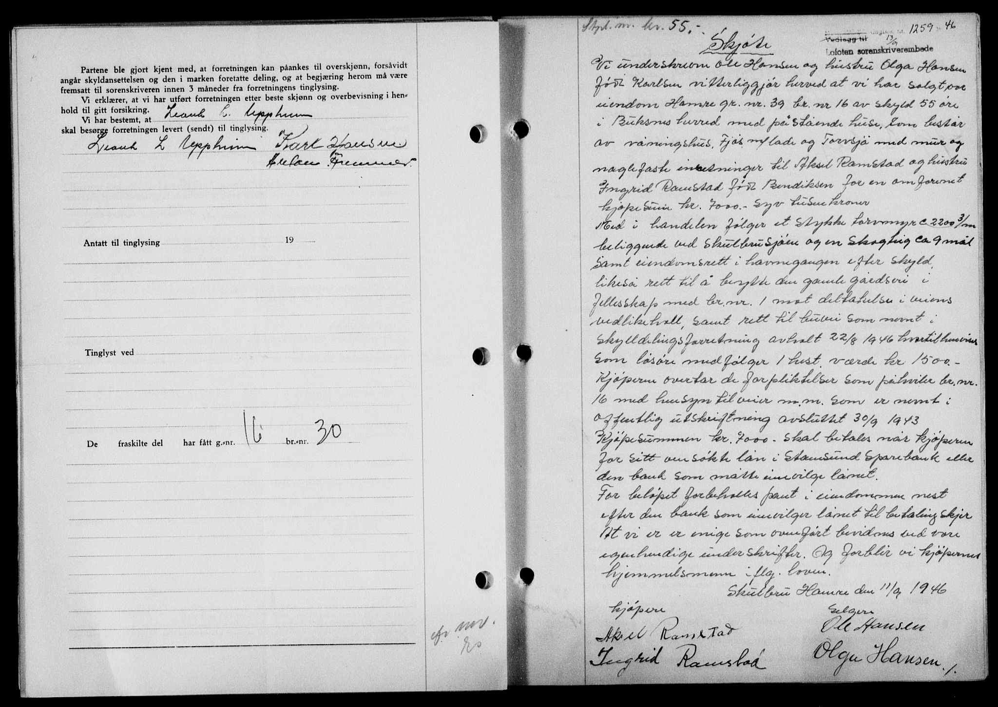Lofoten sorenskriveri, SAT/A-0017/1/2/2C/L0014a: Mortgage book no. 14a, 1946-1946, Diary no: : 1259/1946