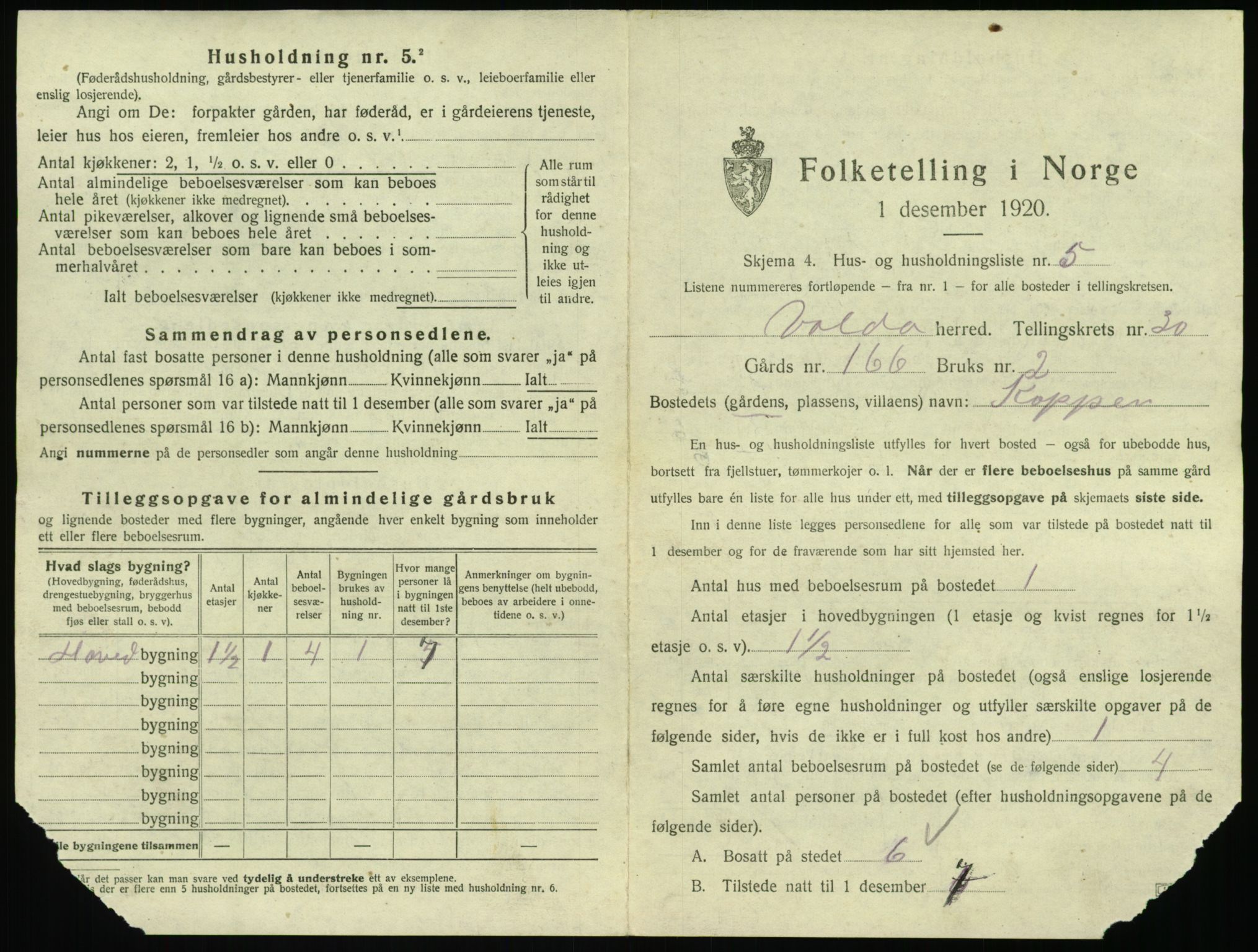 SAT, 1920 census for Volda, 1920, p. 1864