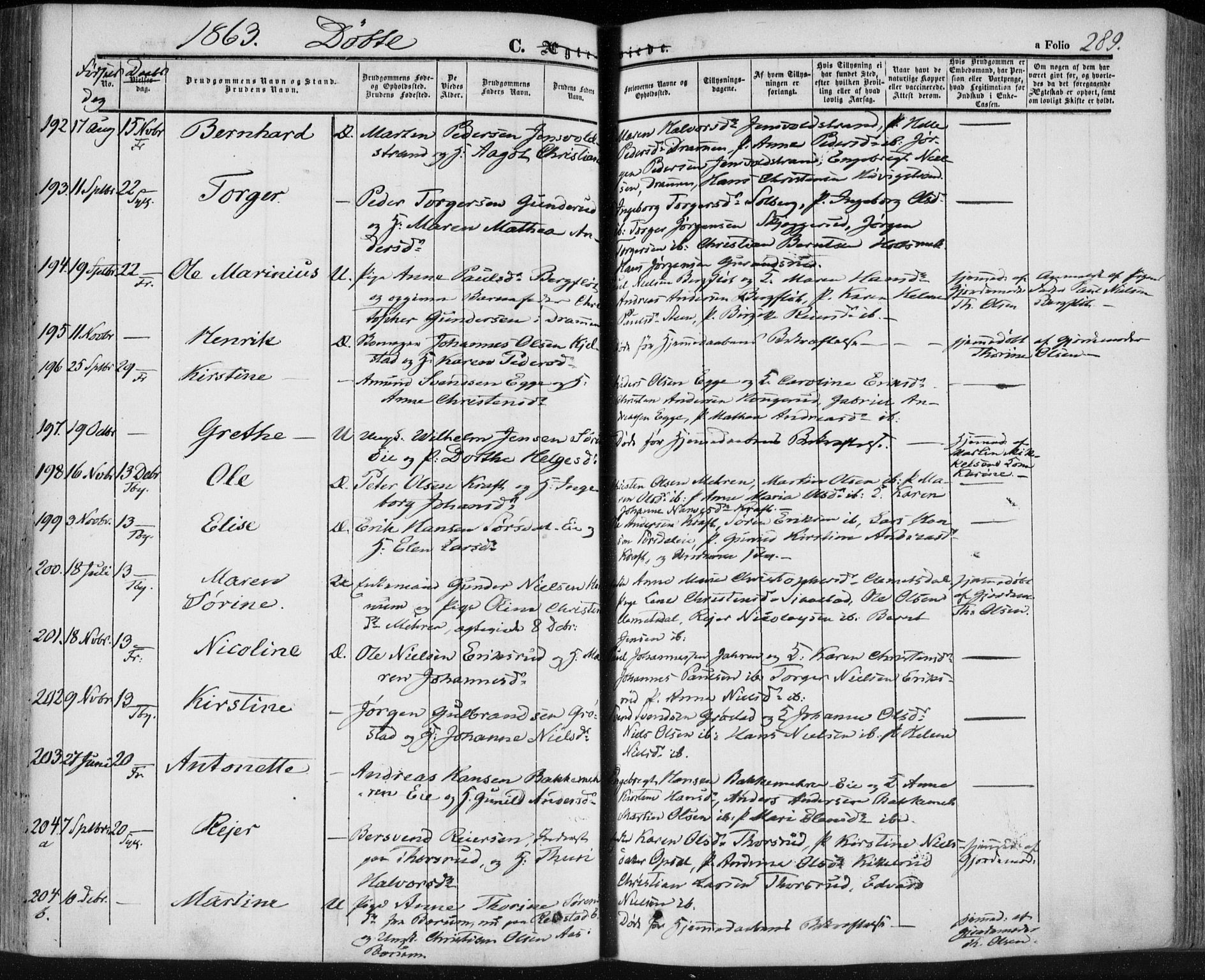 Lier kirkebøker, AV/SAKO-A-230/F/Fa/L0012: Parish register (official) no. I 12, 1854-1864, p. 289