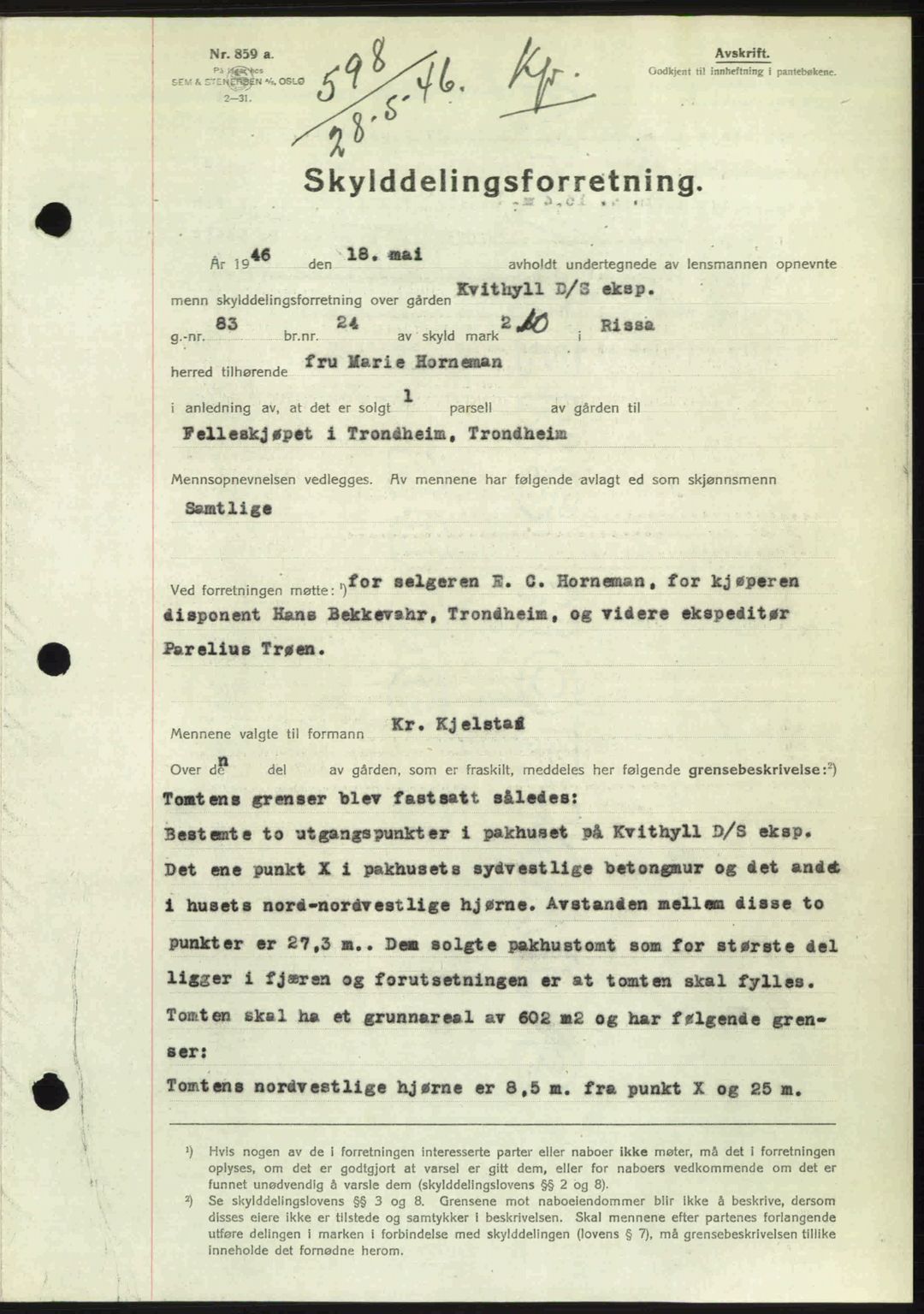 Fosen sorenskriveri, AV/SAT-A-1107/1/2/2C: Mortgage book no. A4-6, 1946-1947, Diary no: : 598/1946