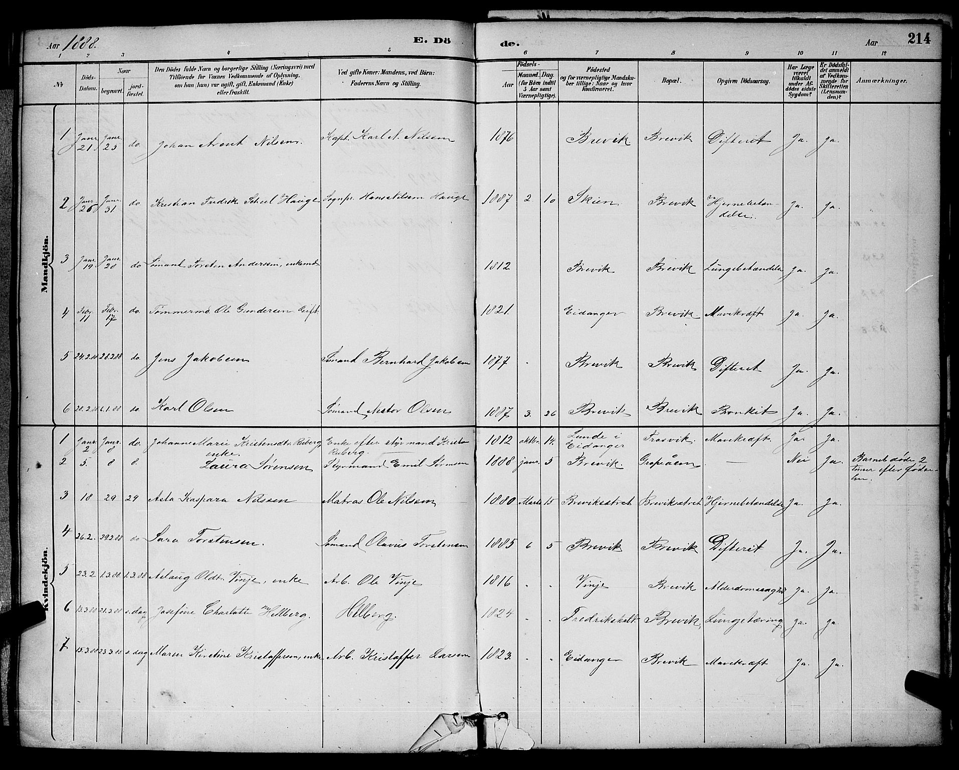 Brevik kirkebøker, SAKO/A-255/G/Ga/L0004: Parish register (copy) no. 4, 1882-1900, p. 214