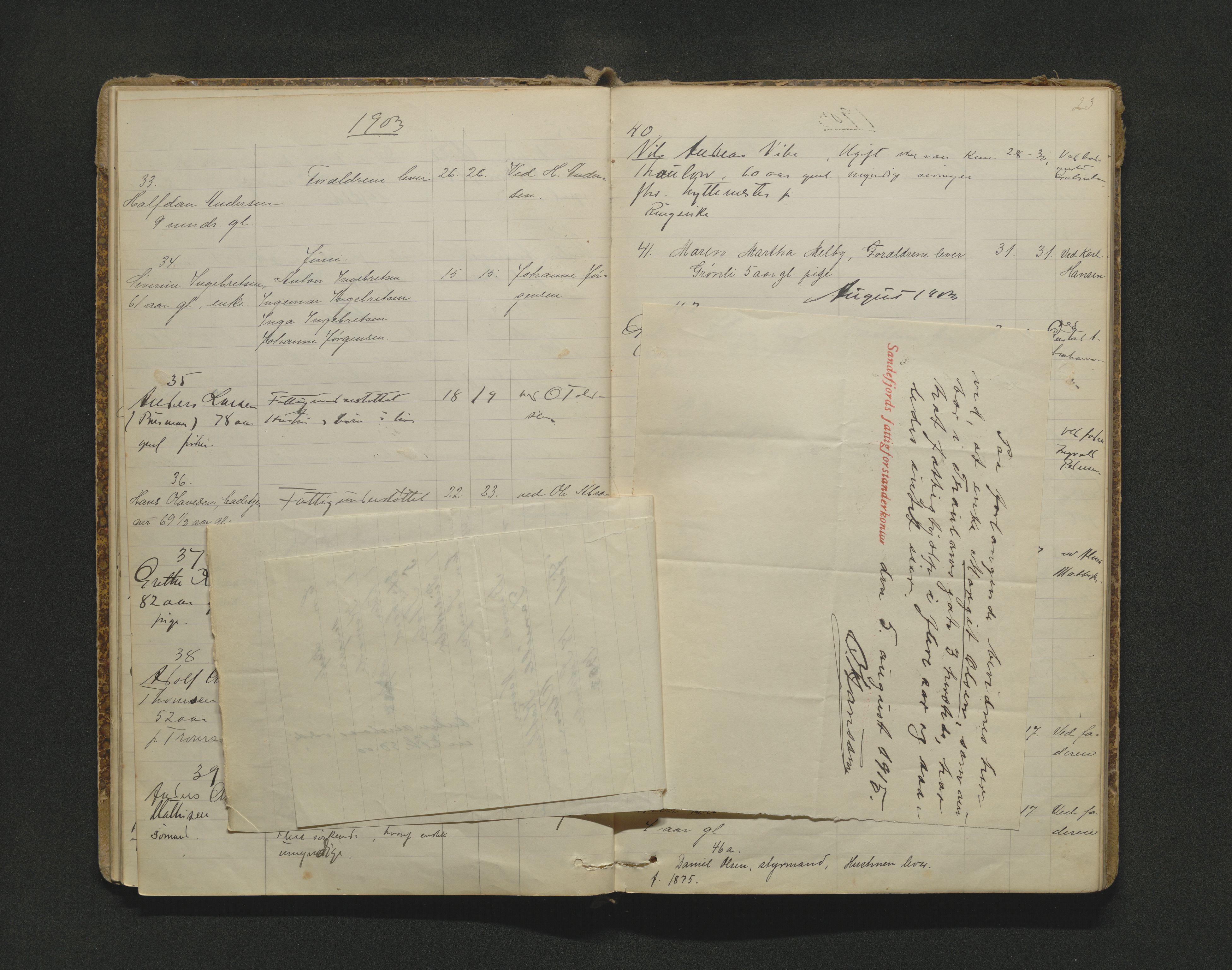 Sandefjord byfogd - 1, AV/SAKO-A-122/H/Ha/L0001: Dødsanmeldelsesprotokoll, 1900-1913, p. 23