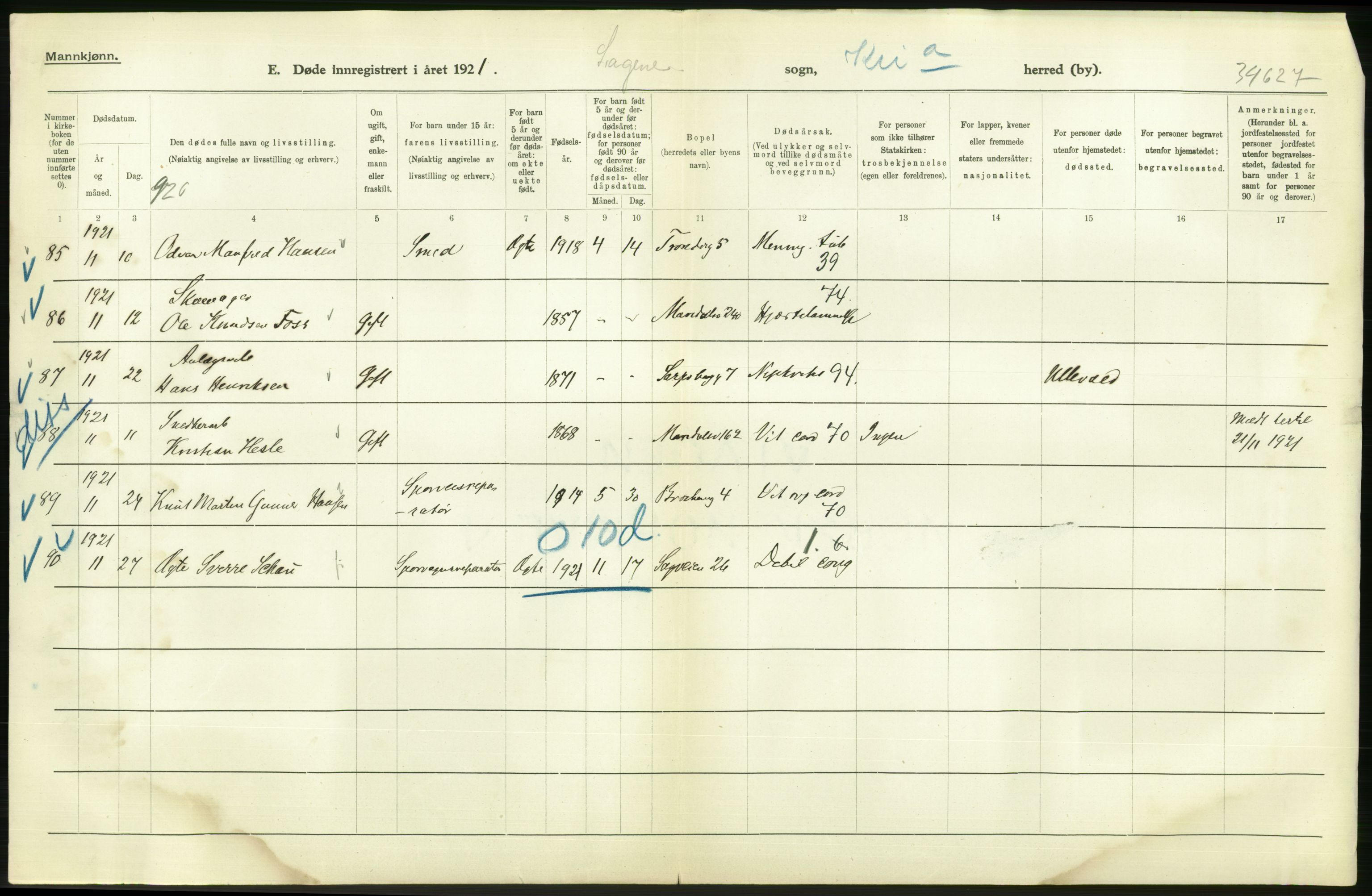 Statistisk sentralbyrå, Sosiodemografiske emner, Befolkning, AV/RA-S-2228/D/Df/Dfc/Dfca/L0013: Kristiania: Døde, dødfødte, 1921, p. 96