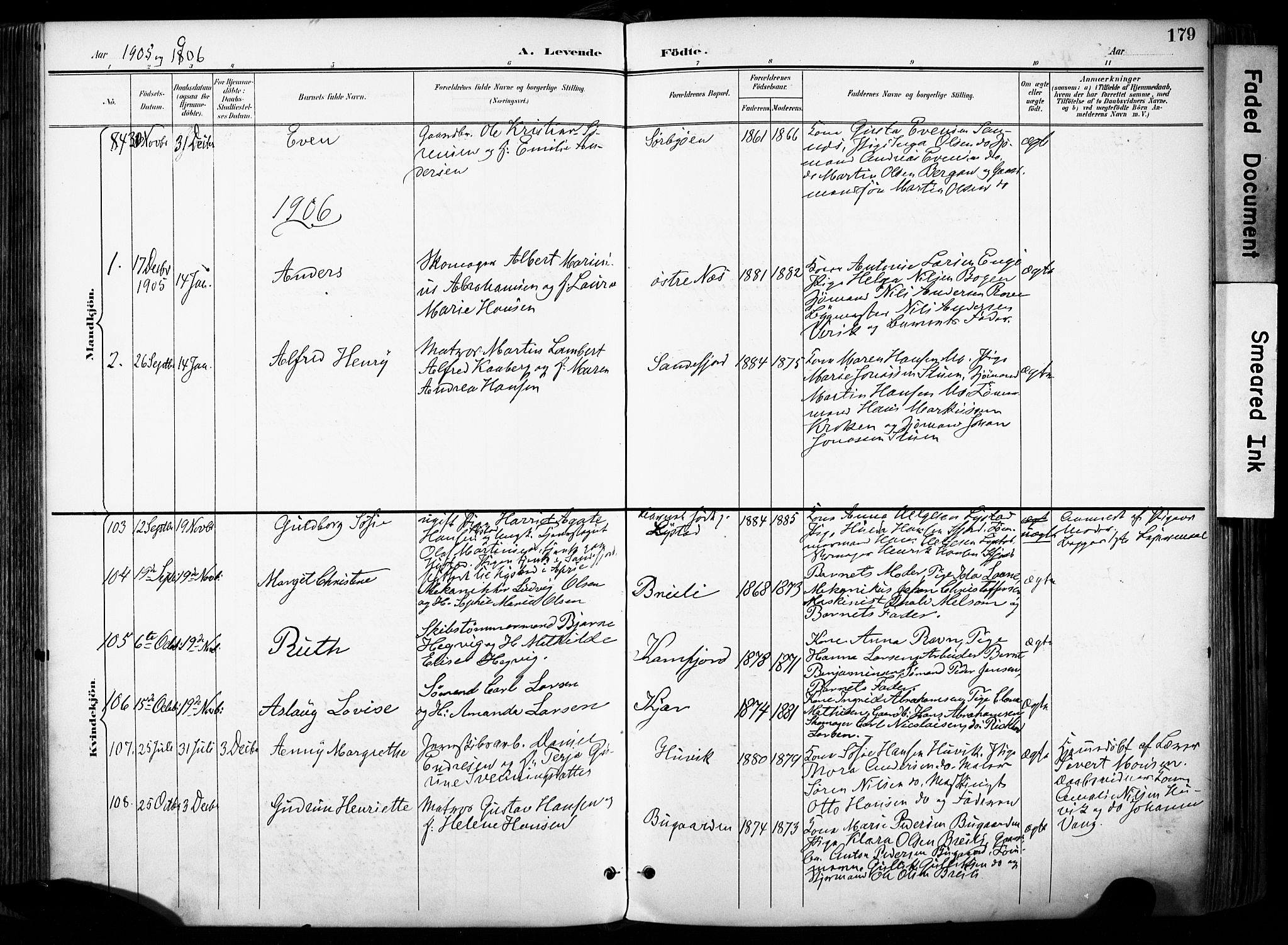 Sandar kirkebøker, SAKO/A-243/F/Fa/L0014: Parish register (official) no. 14, 1896-1909, p. 179