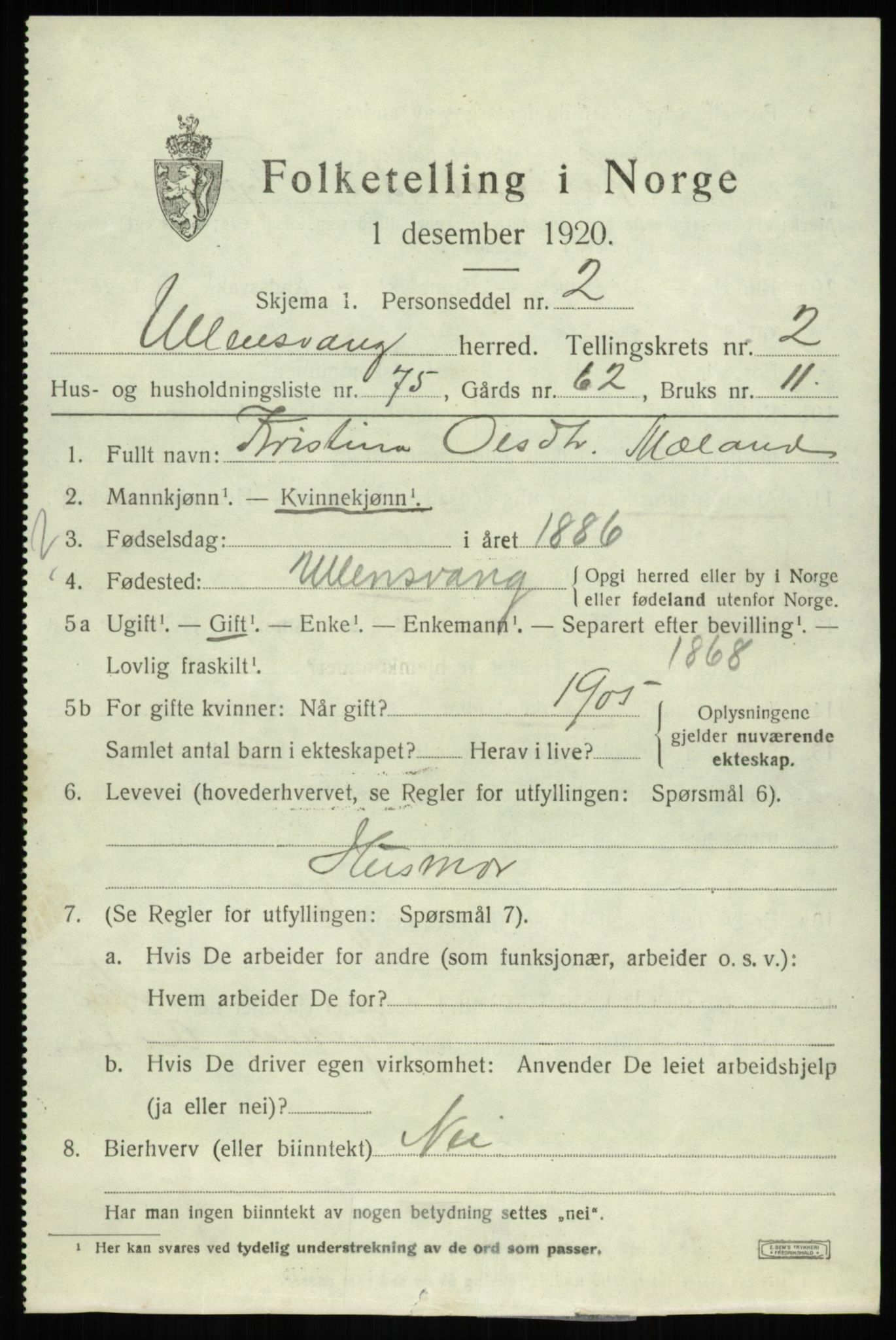 SAB, 1920 census for Ullensvang, 1920, p. 1714