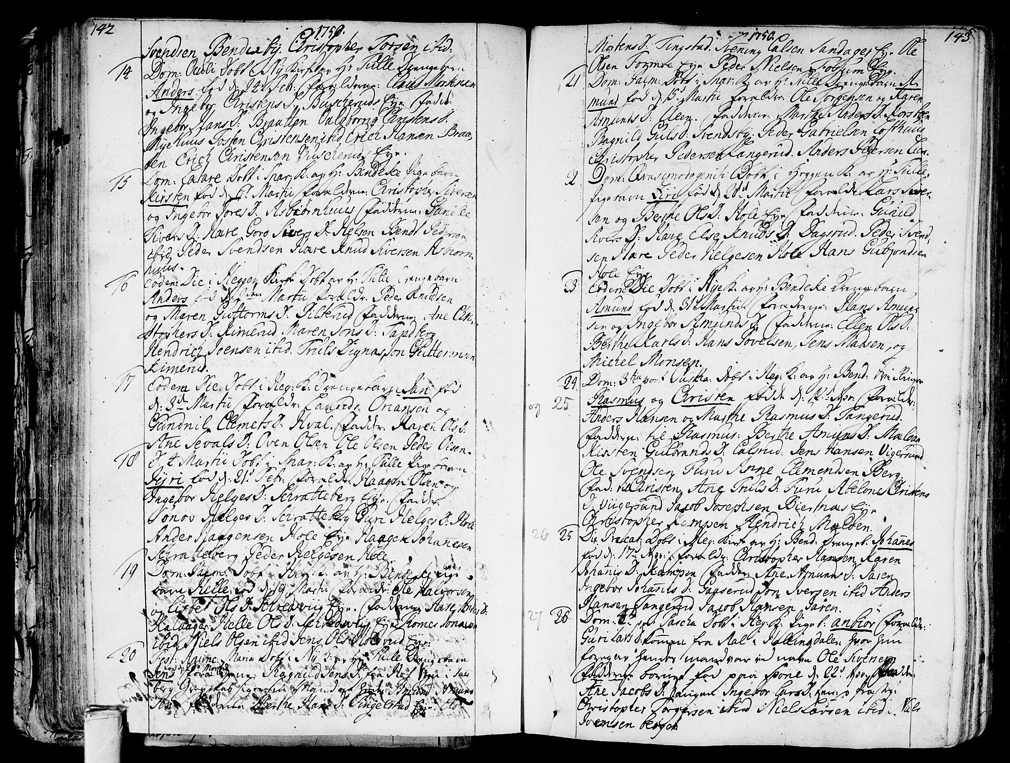 Modum kirkebøker, AV/SAKO-A-234/F/Fa/L0002: Parish register (official) no. 2, 1741-1782, p. 142-143