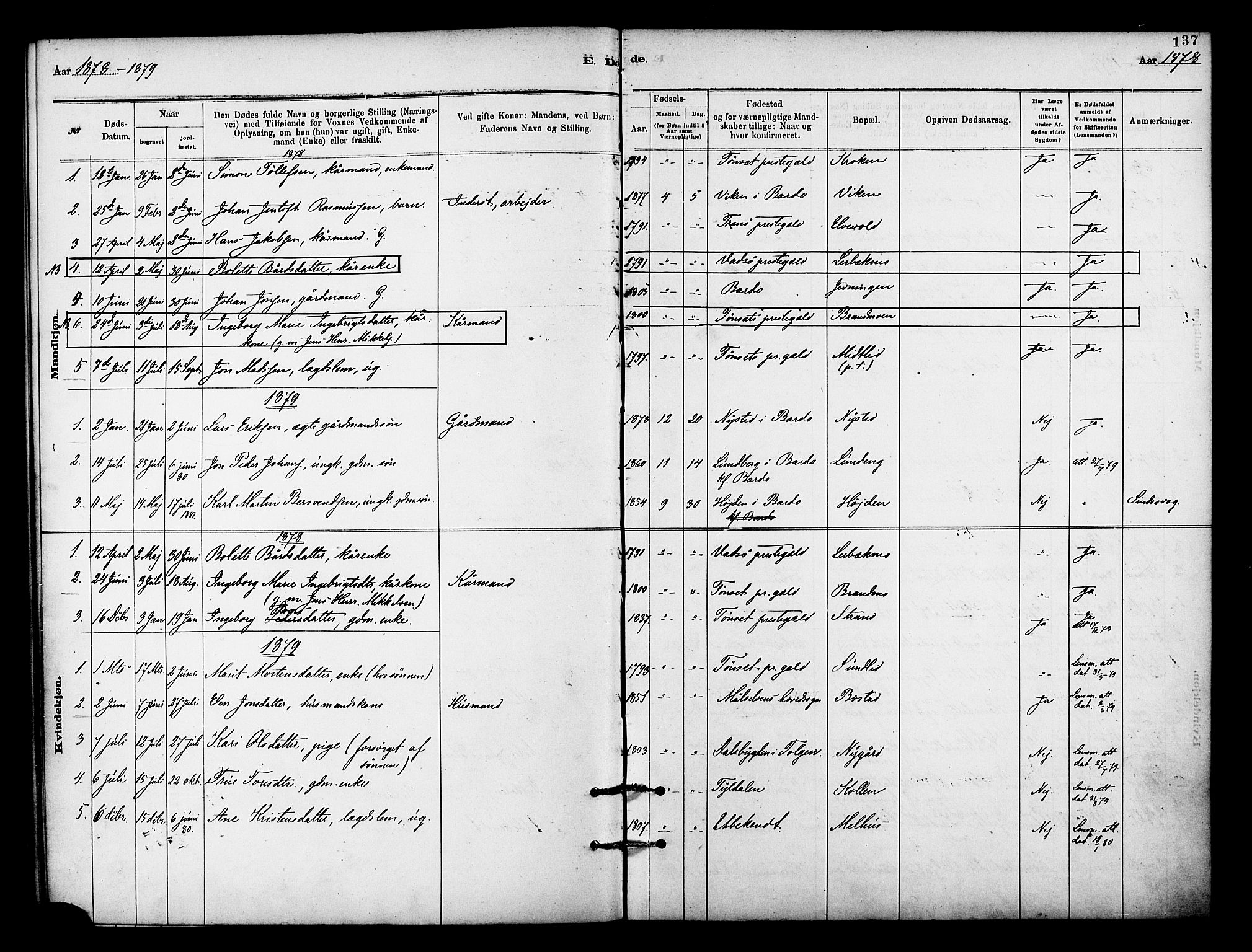 Målselv sokneprestembete, SATØ/S-1311/G/Ga/Gaa/L0009kirke: Parish register (official) no. 9, 1878-1889, p. 137